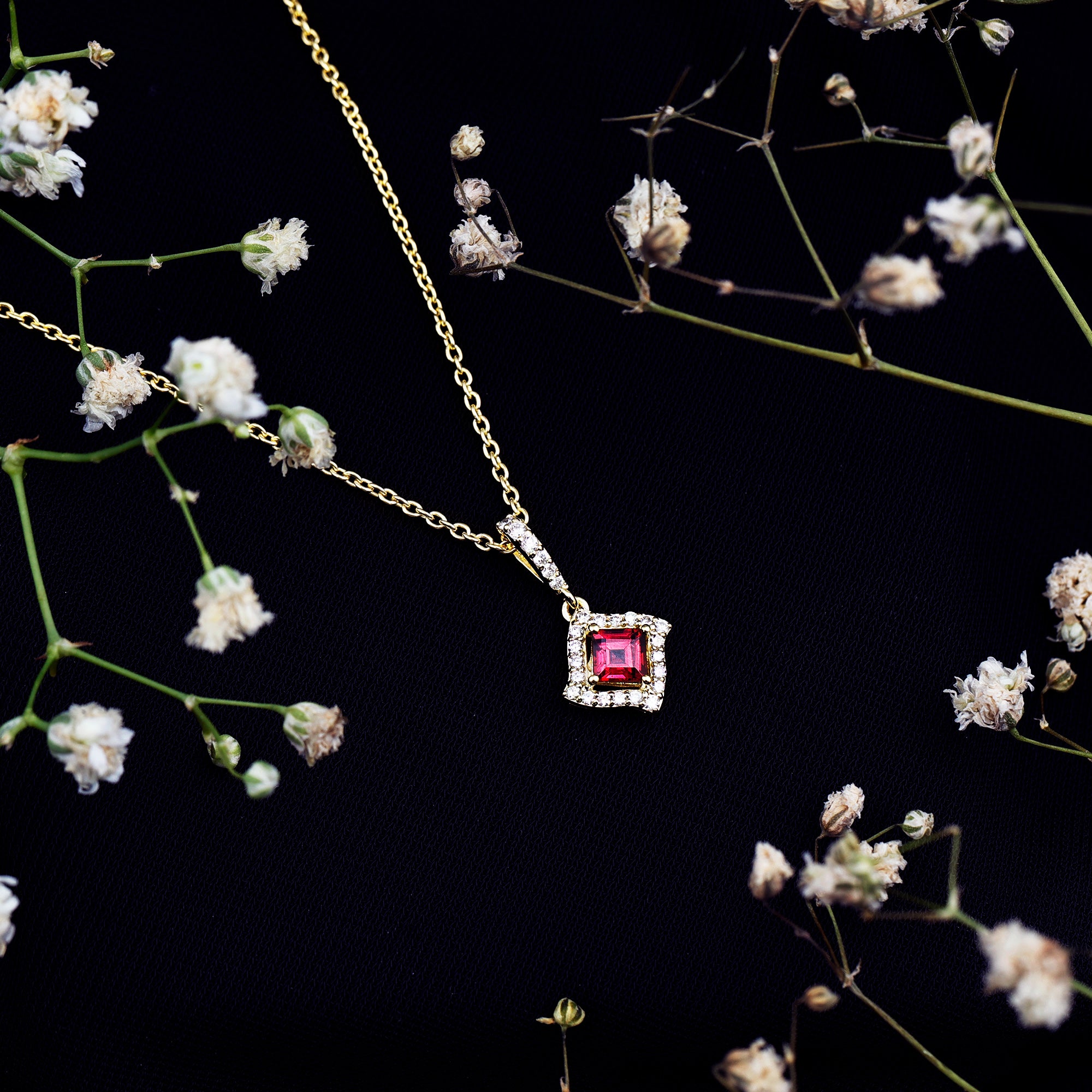 Princess Cut Rhodolite and Diamond Halo Pendant Necklace AAA 14K Yellow Gold Plated Silver - Rosec Jewels
