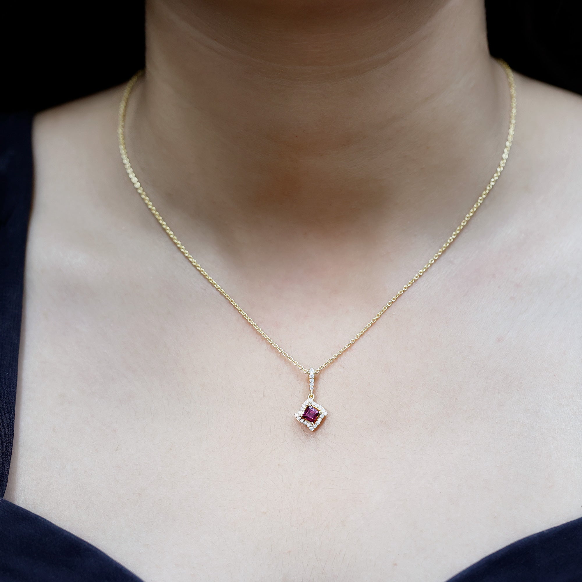 Princess Cut Rhodolite and Diamond Halo Pendant Necklace AAA 14K Yellow Gold Plated Silver - Rosec Jewels