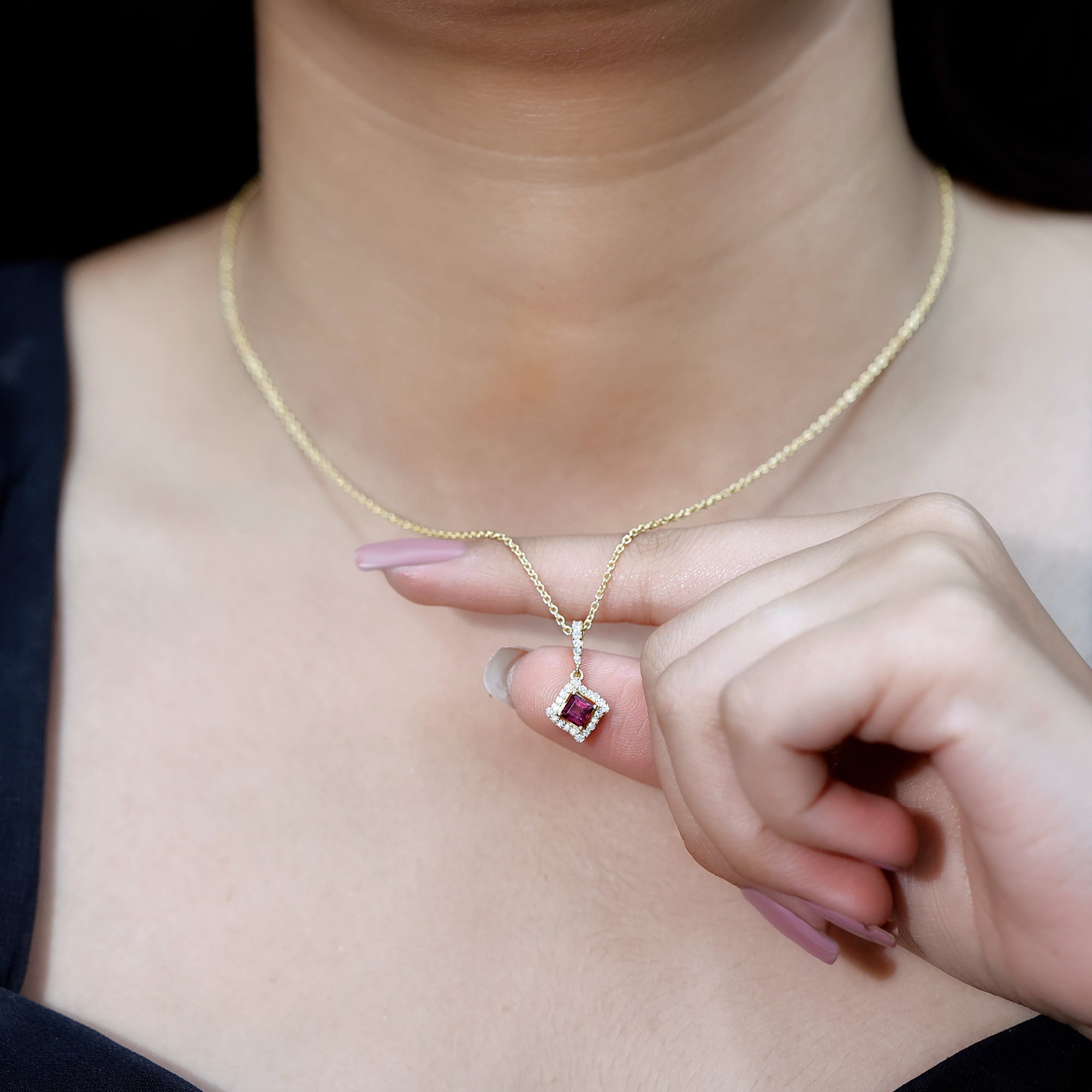 Princess Cut Rhodolite and Diamond Halo Pendant Necklace AAA 14K Yellow Gold Plated Silver - Rosec Jewels