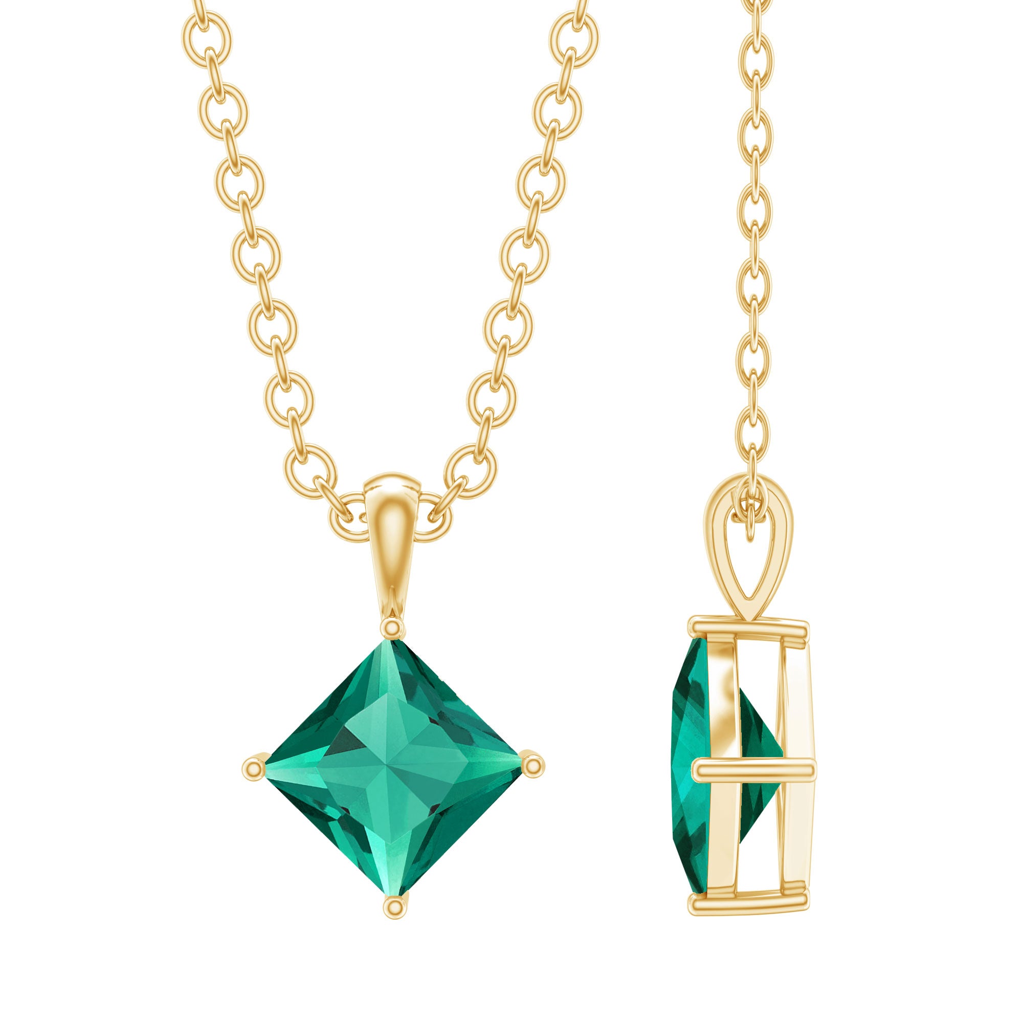 Princess Cut Lab Grown Emerald Solitaire Pendant Necklace with Chain AAAA 14K Yellow Gold Plated Silver - Rosec Jewels