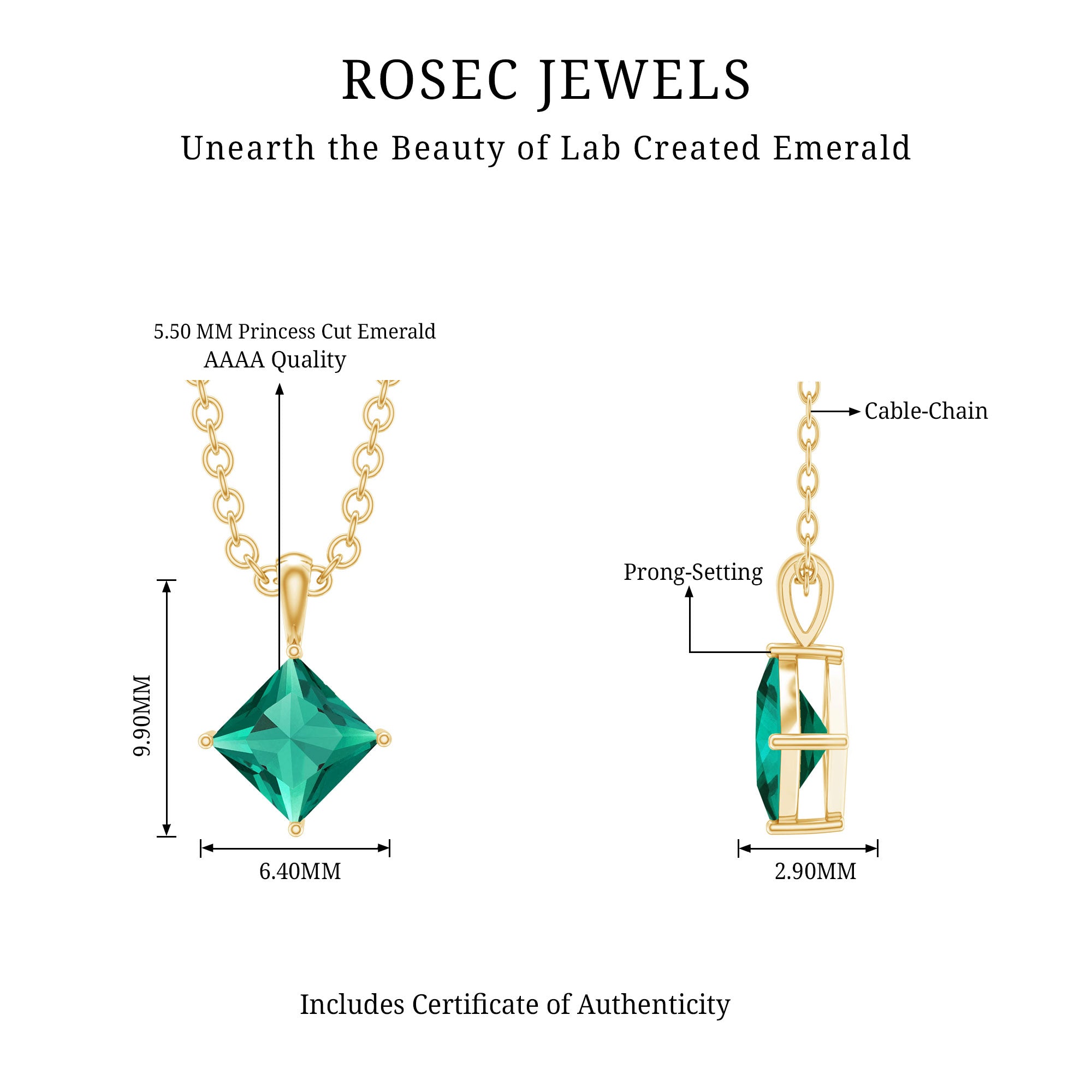 Princess Cut Lab Grown Emerald Solitaire Pendant Necklace with Chain AAAA 14K Yellow Gold Plated Silver - Rosec Jewels