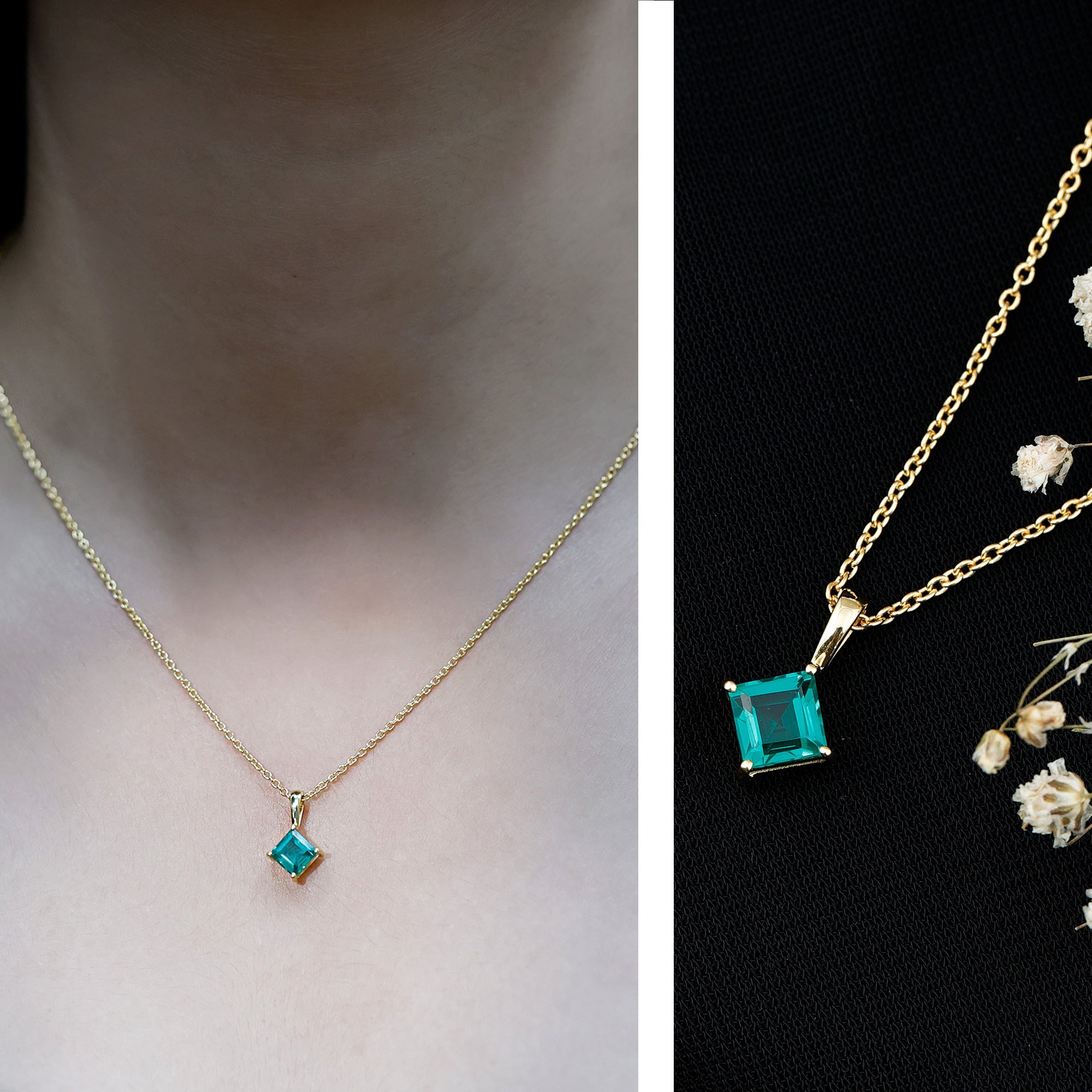 Princess Cut Lab Grown Emerald Solitaire Pendant Necklace with Chain AAAA 14K Yellow Gold Plated Silver - Rosec Jewels