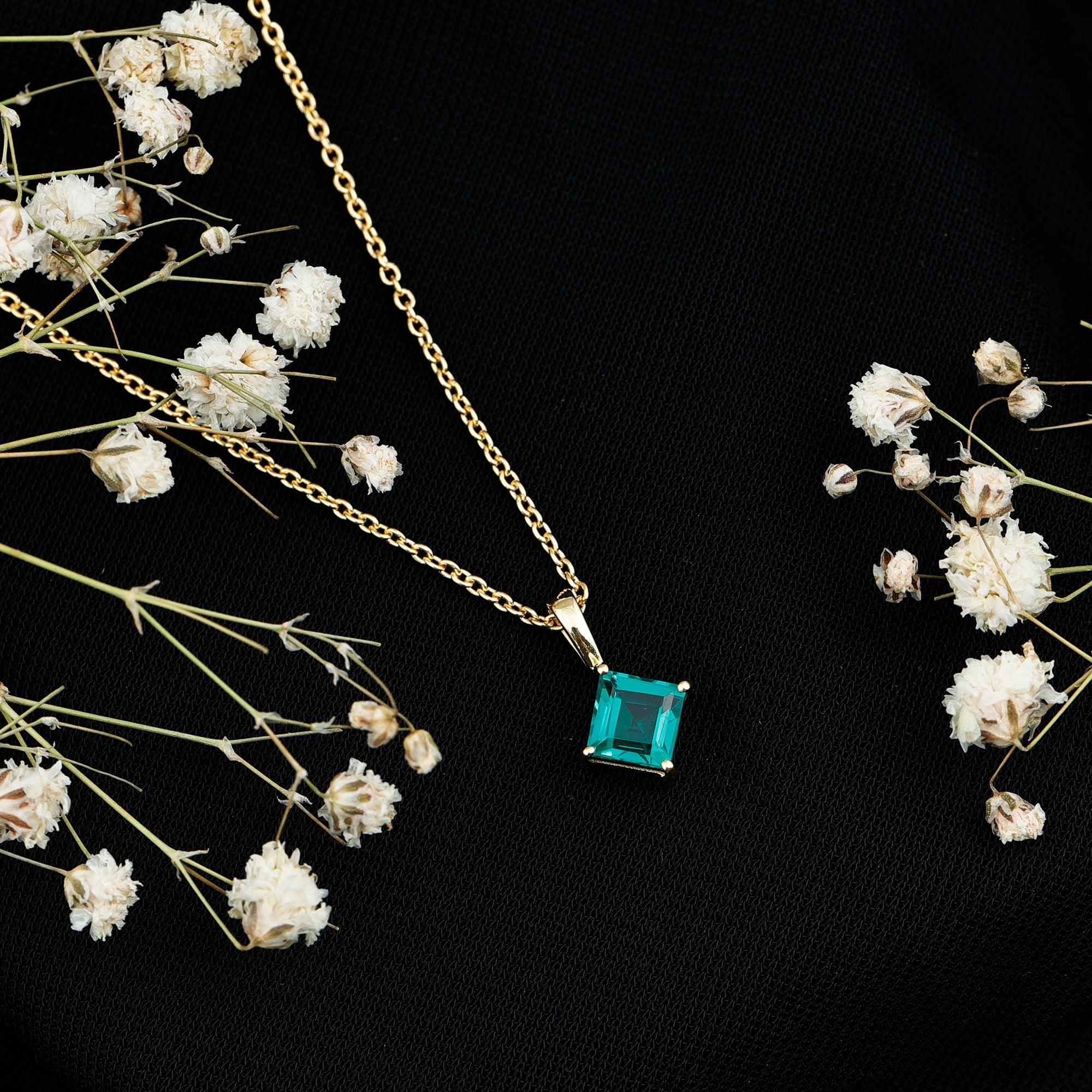 Princess Cut Lab Grown Emerald Solitaire Pendant Necklace with Chain AAAA 14K Yellow Gold Plated Silver - Rosec Jewels