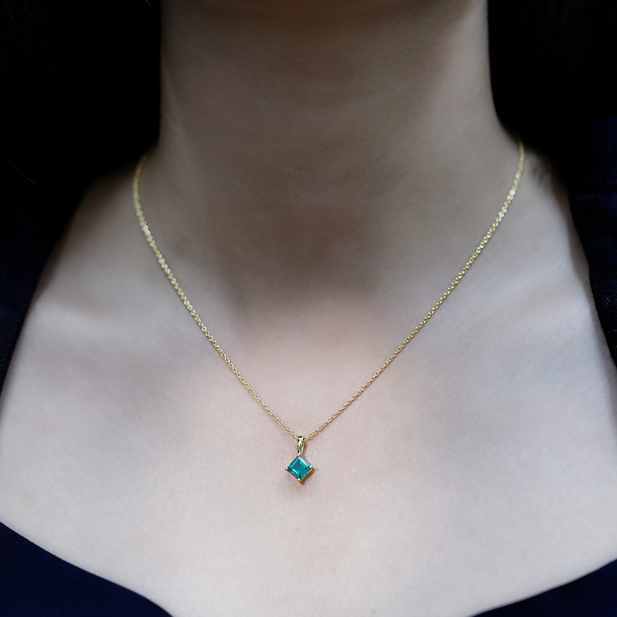 Princess Cut Lab Grown Emerald Solitaire Pendant Necklace with Chain AAAA 14K Yellow Gold Plated Silver - Rosec Jewels