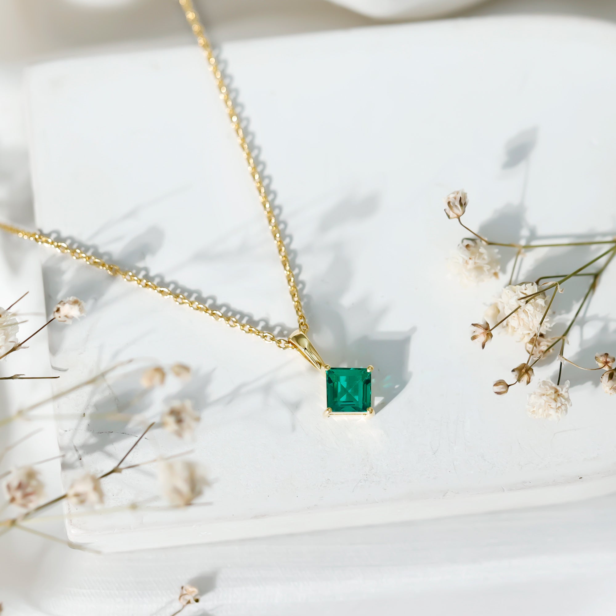 Princess Cut Lab Grown Emerald Solitaire Pendant Necklace with Chain AAAA 14K Yellow Gold Plated Silver - Rosec Jewels