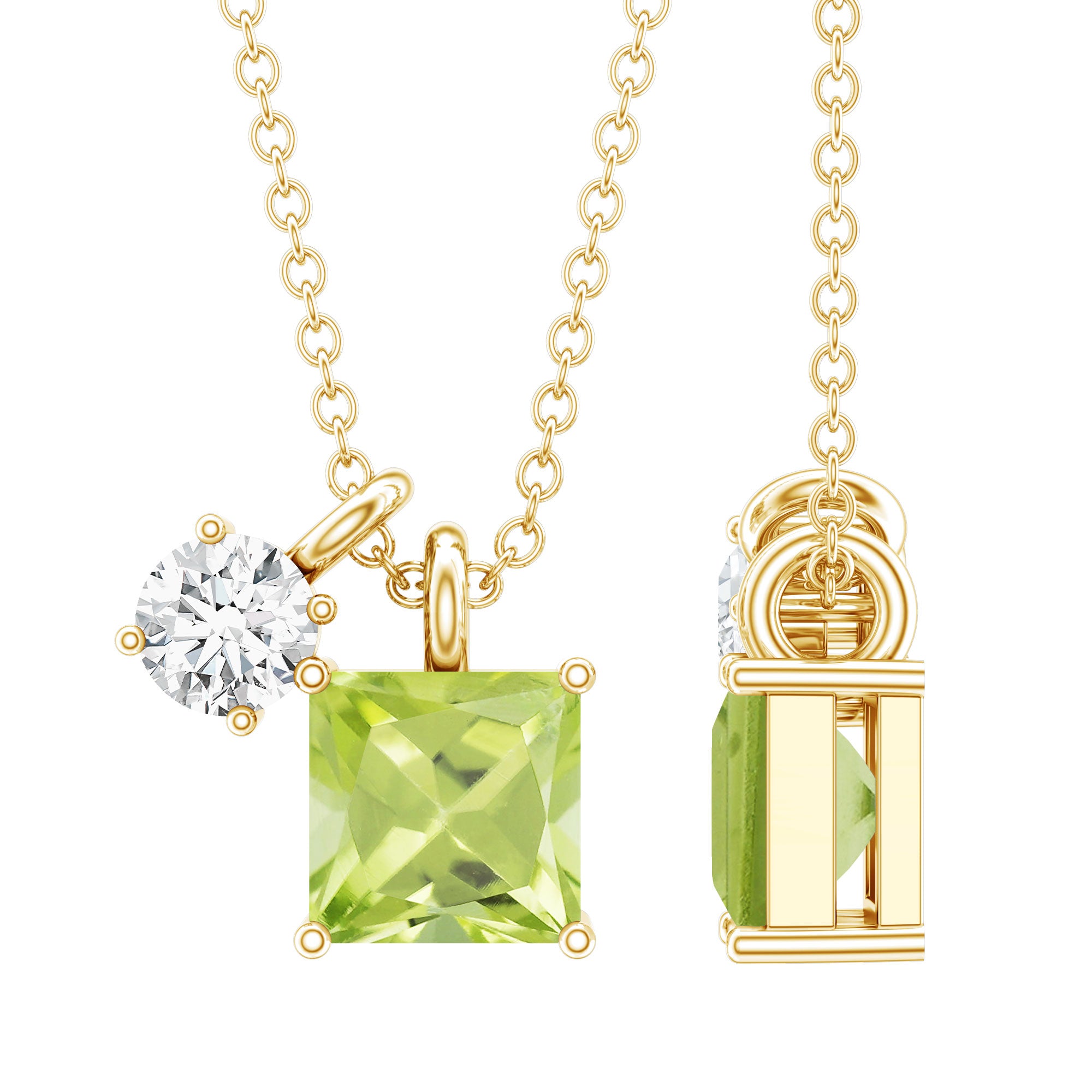 Princess Cut 1 Carat Peridot Pendant Necklace with Silver Chain AAA 14K Yellow Gold Plated Silver - Rosec Jewels