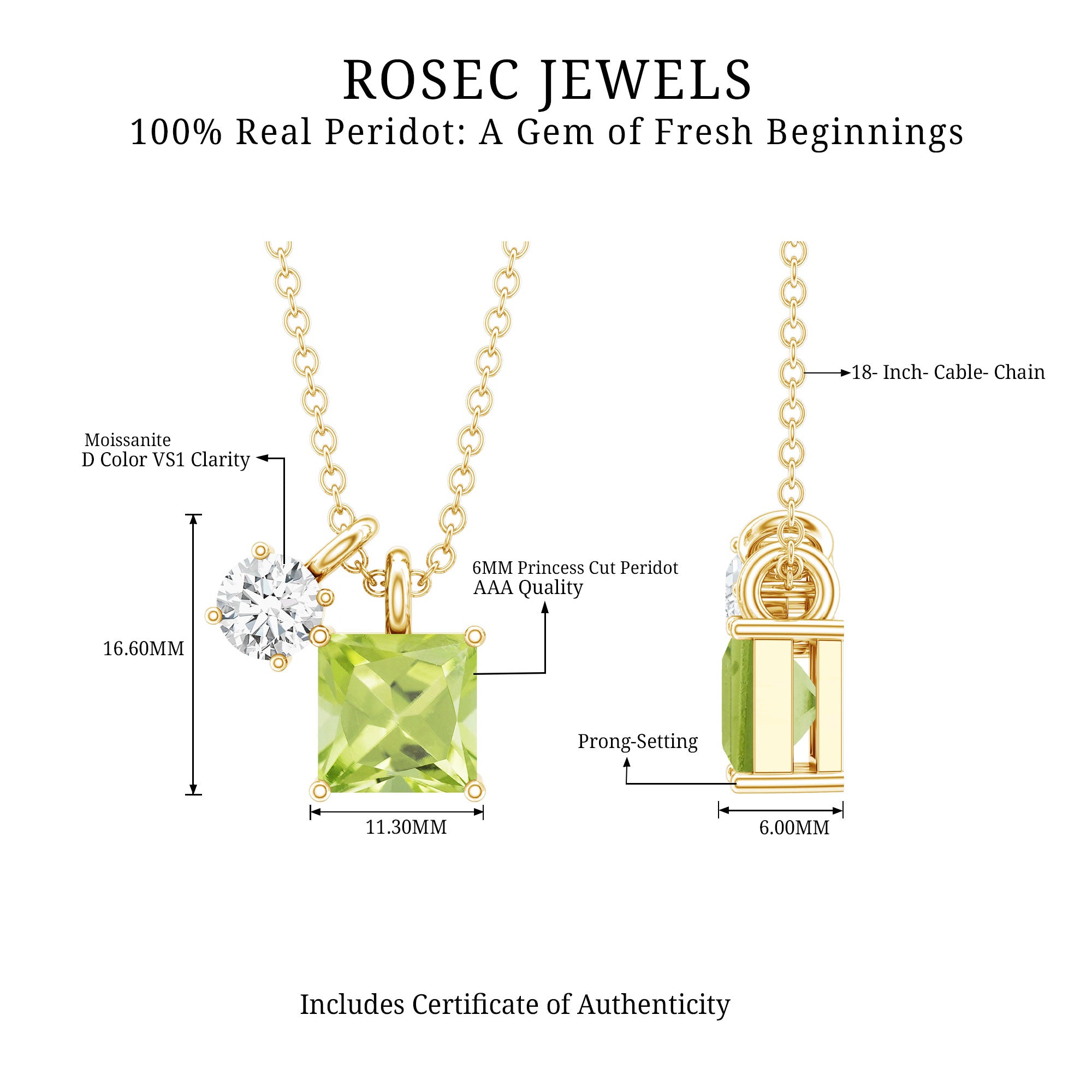 Princess Cut 1 Carat Peridot Pendant Necklace with Silver Chain AAA 14K Yellow Gold Plated Silver - Rosec Jewels