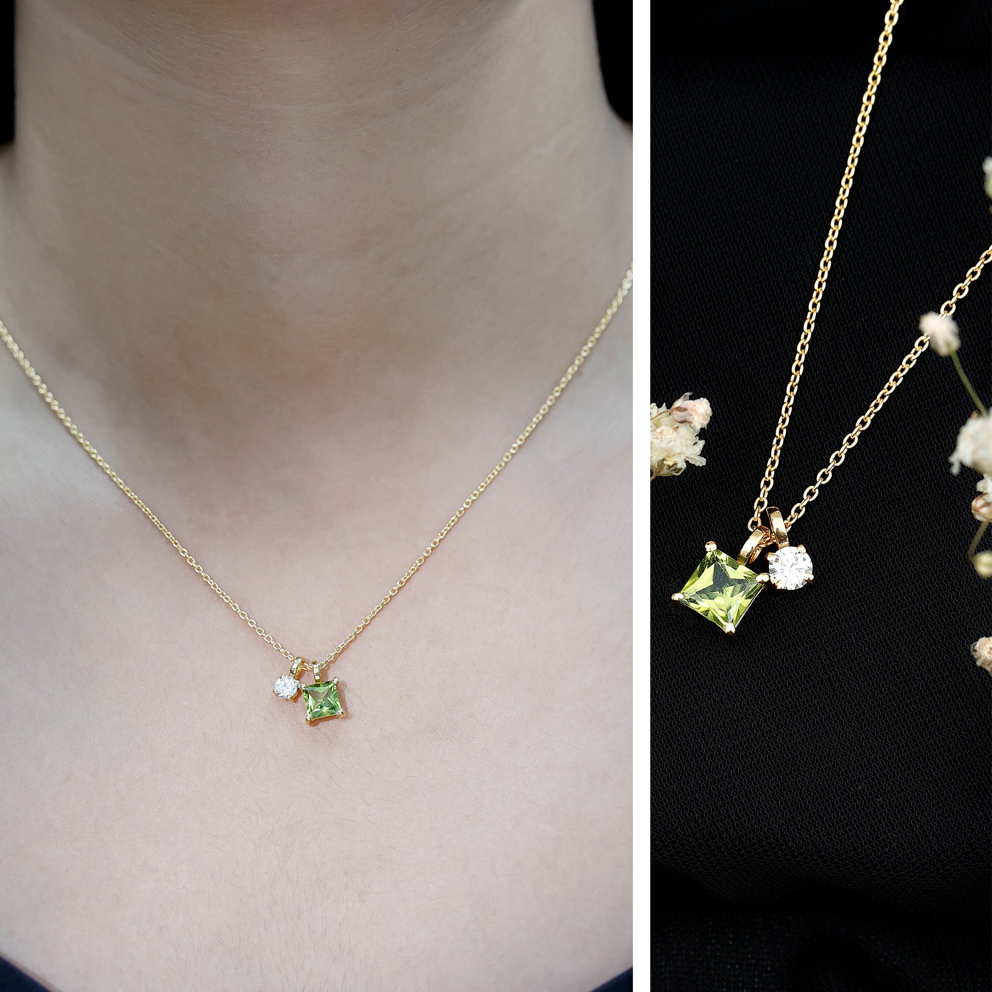 Princess Cut 1 Carat Peridot Pendant Necklace with Silver Chain AAA 14K Yellow Gold Plated Silver - Rosec Jewels