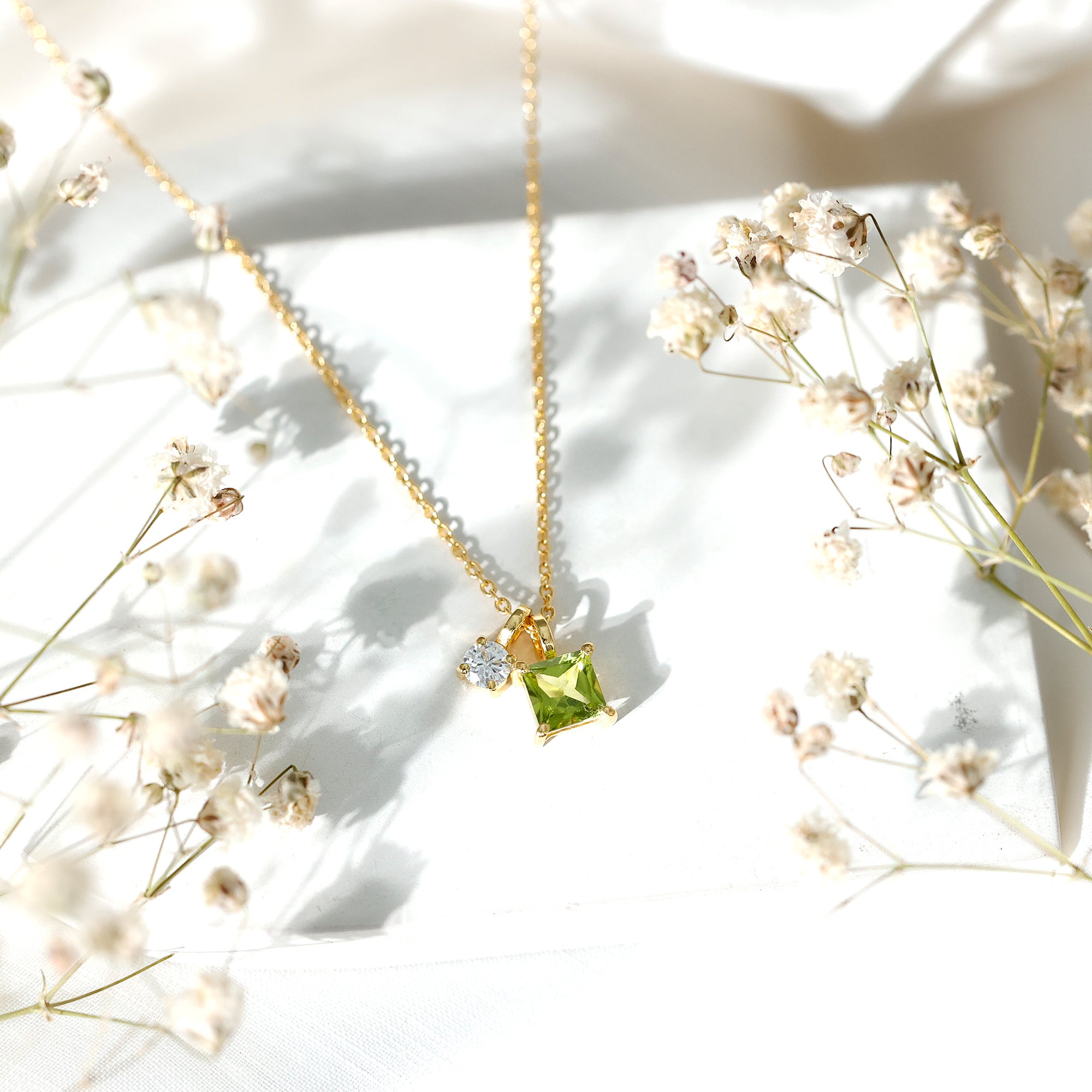 Princess Cut 1 Carat Peridot Pendant Necklace with Silver Chain AAA 14K Yellow Gold Plated Silver - Rosec Jewels