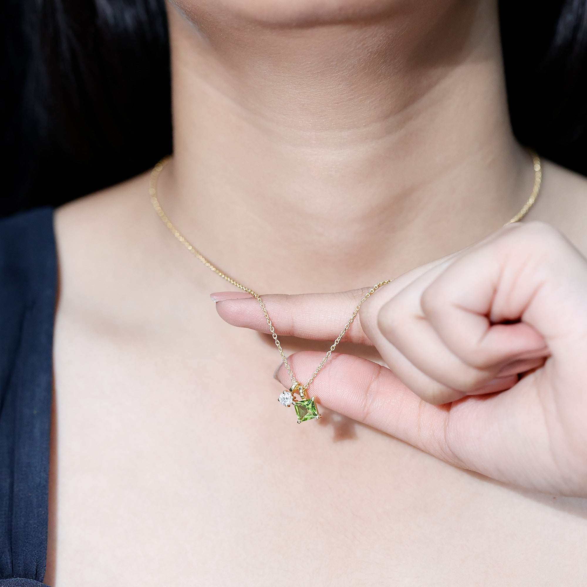Princess Cut 1 Carat Peridot Pendant Necklace with Silver Chain AAA 14K Yellow Gold Plated Silver - Rosec Jewels
