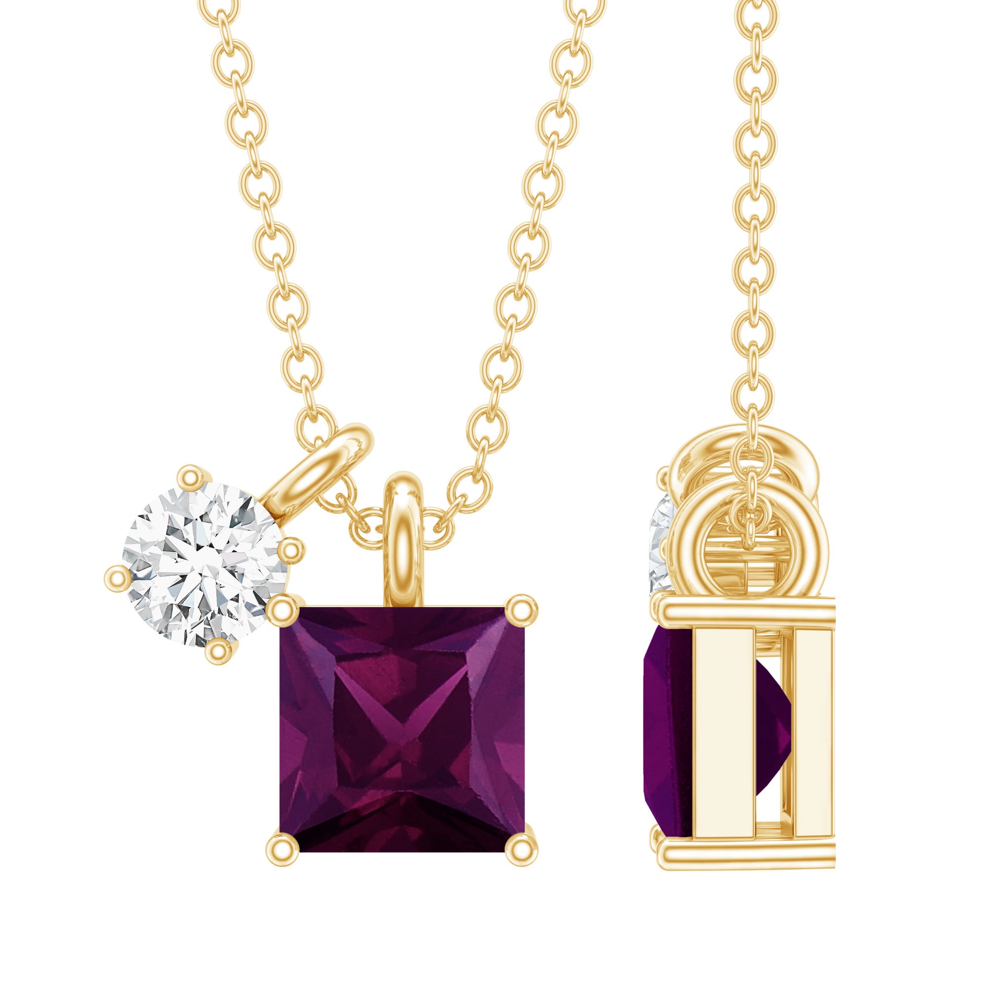 1.4 Carat Princess Cut Rhodolite Garnet Promise Necklace with Moissanite AAA 14K Yellow Gold Plated Silver - Rosec Jewels