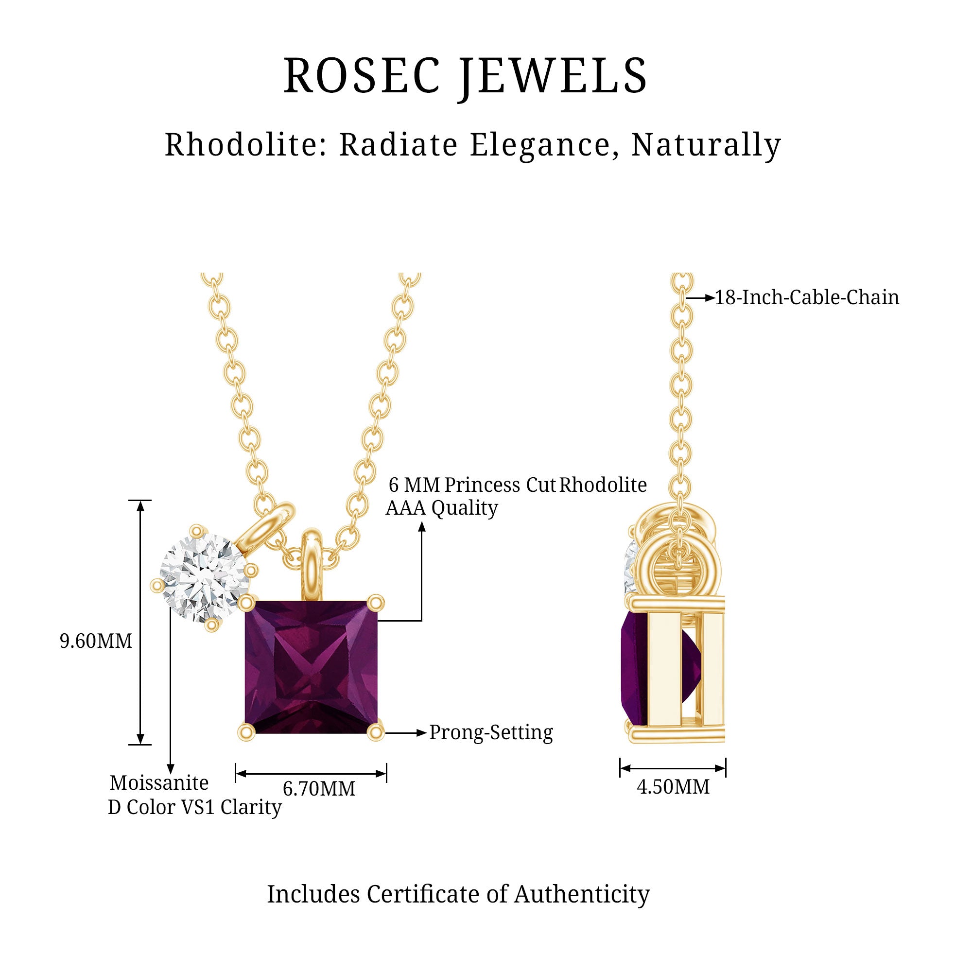 1.4 Carat Princess Cut Rhodolite Garnet Promise Necklace with Moissanite AAA 14K Yellow Gold Plated Silver - Rosec Jewels