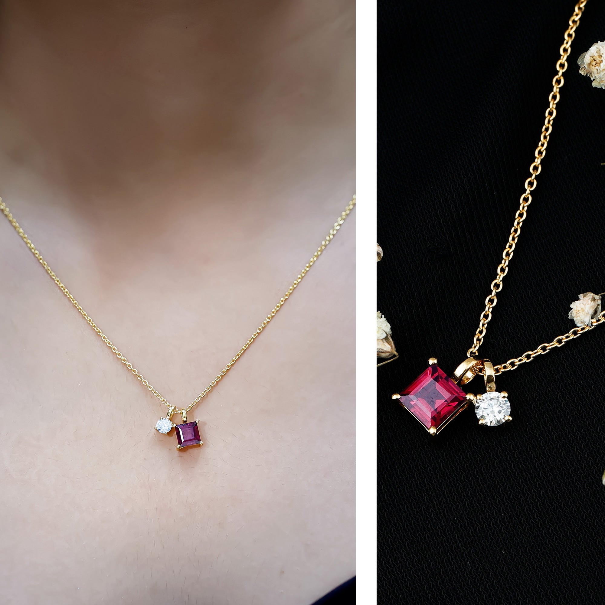 1.4 Carat Princess Cut Rhodolite Garnet Promise Necklace with Moissanite AAA 14K Yellow Gold Plated Silver - Rosec Jewels