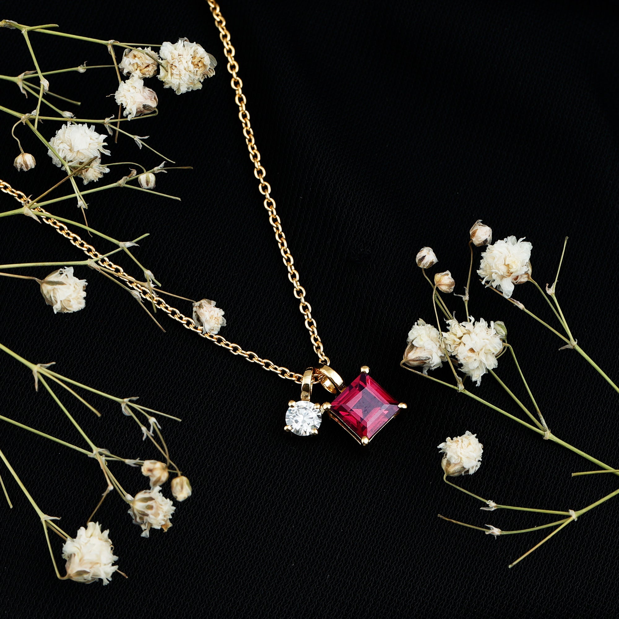 1.4 Carat Princess Cut Rhodolite Garnet Promise Necklace with Moissanite AAA 14K Yellow Gold Plated Silver - Rosec Jewels
