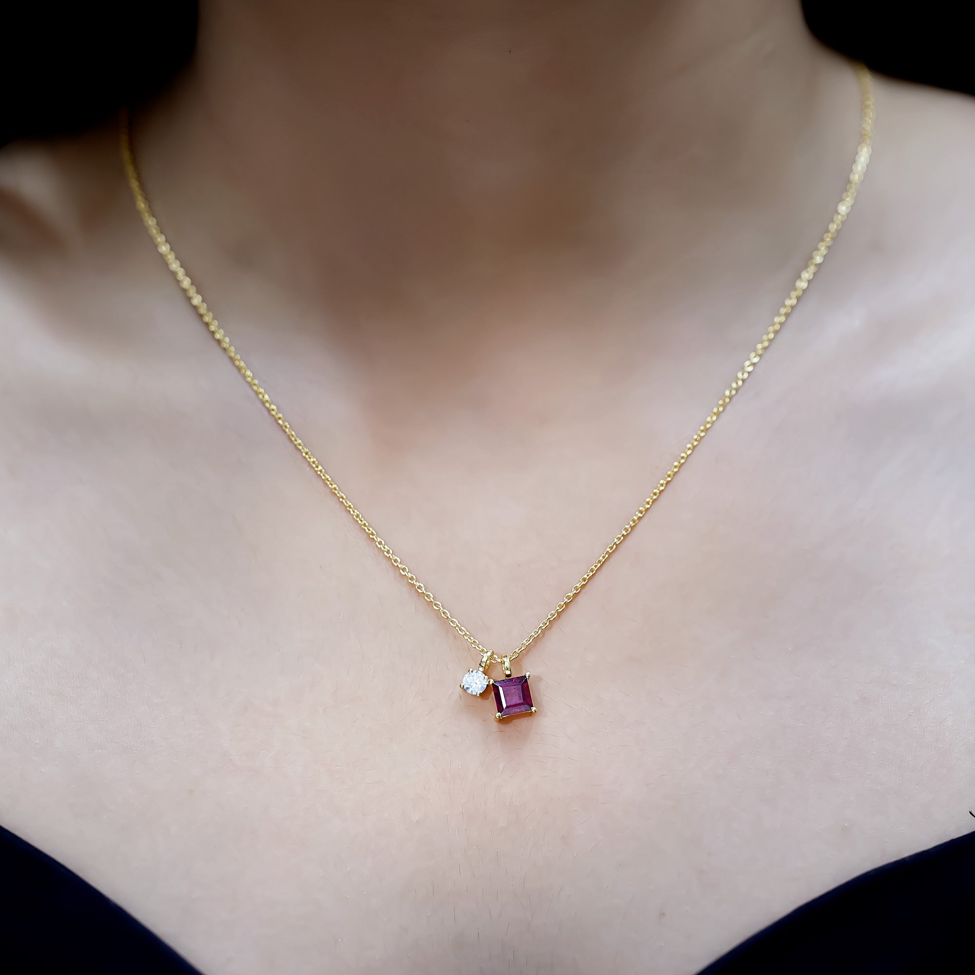 1.4 Carat Princess Cut Rhodolite Garnet Promise Necklace with Moissanite AAA 14K Yellow Gold Plated Silver - Rosec Jewels