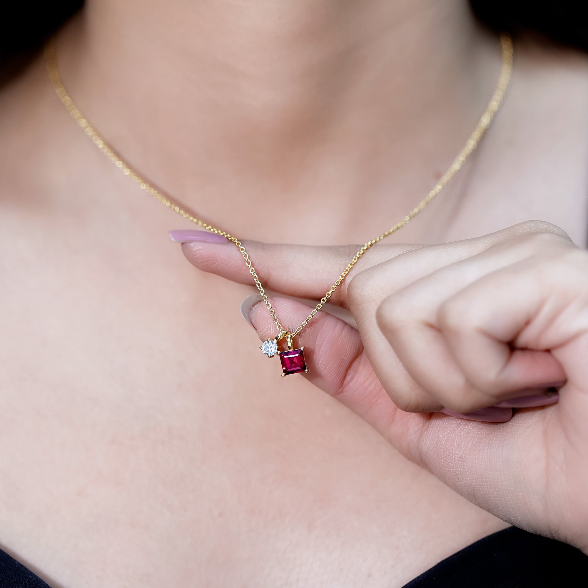 1.4 Carat Princess Cut Rhodolite Garnet Promise Necklace with Moissanite AAA 14K Yellow Gold Plated Silver - Rosec Jewels