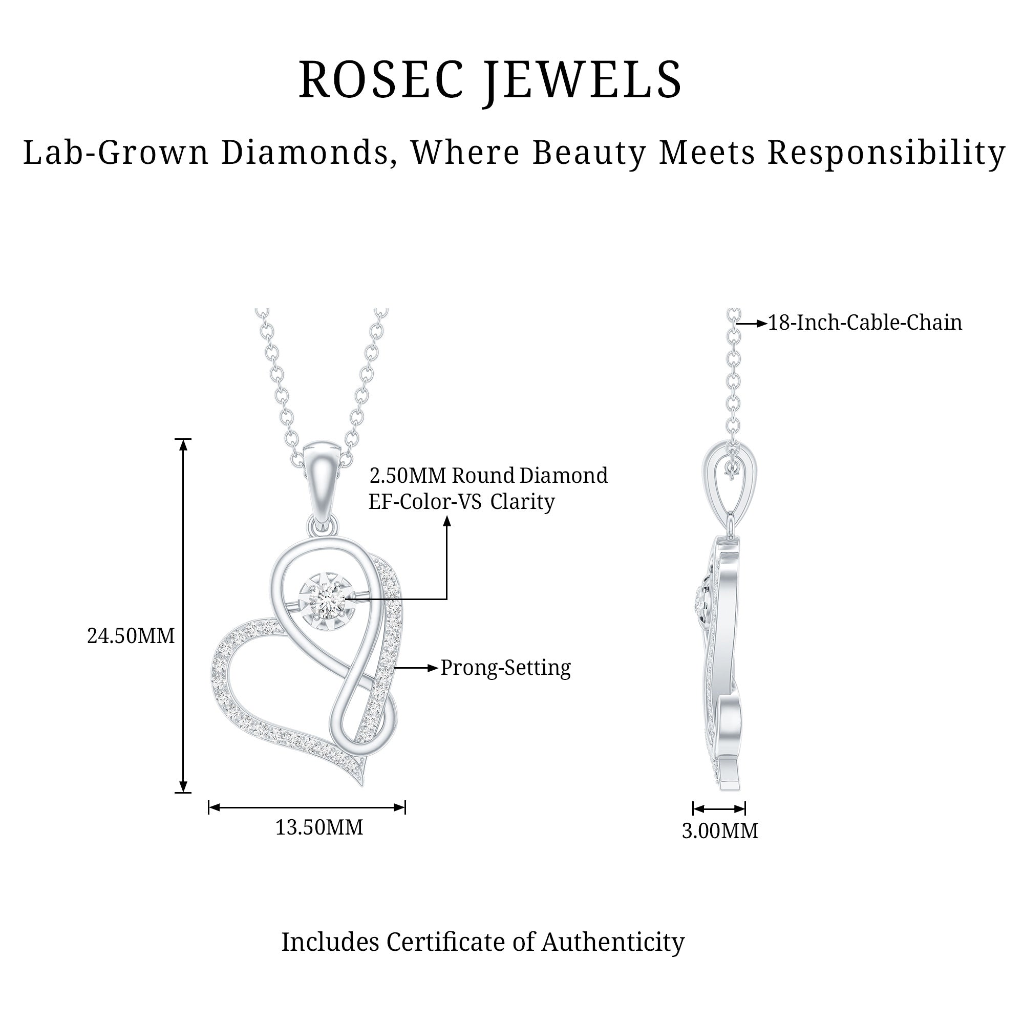 Lab Diamond Infinity Heart Necklace With Certificate Lab - ( EF-VS ) - Rosec Jewels
