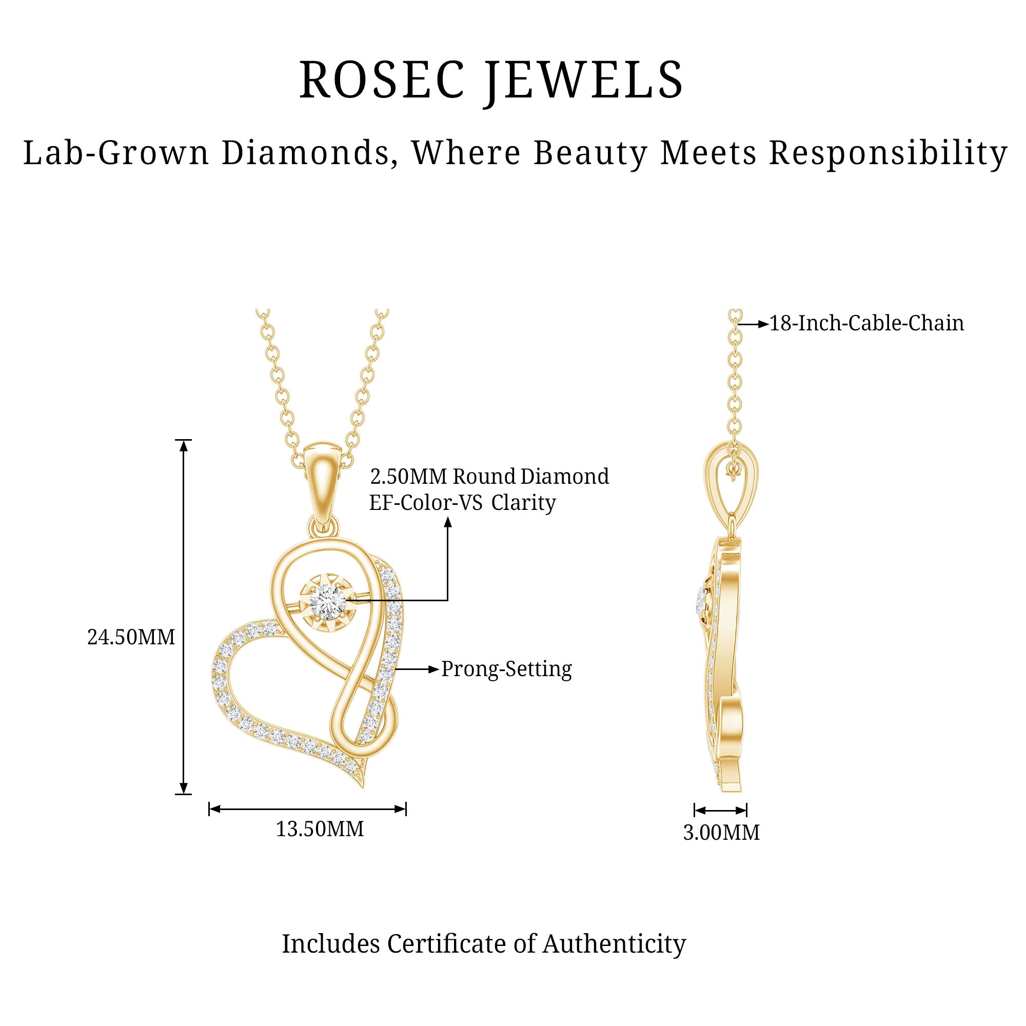Lab Diamond Infinity Heart Necklace With Certificate Lab - ( EF-VS ) - Rosec Jewels
