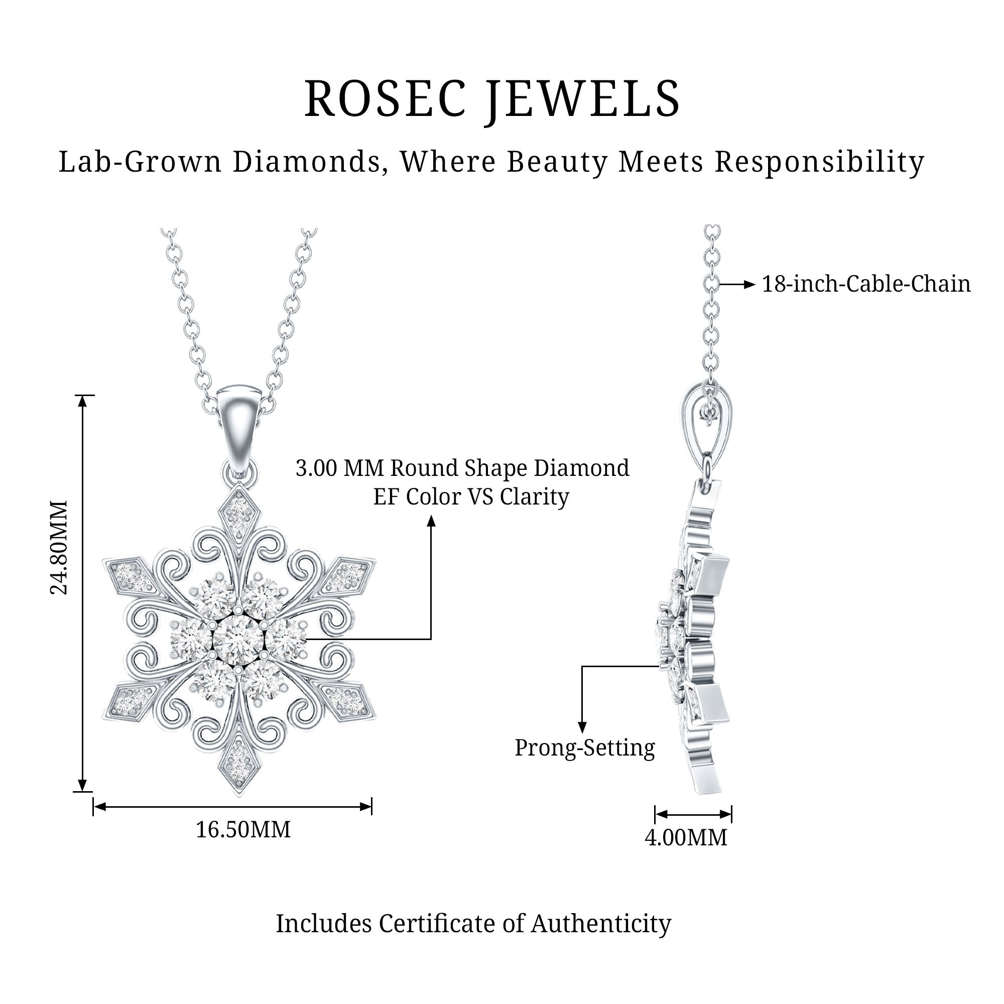 Lab Grown Diamond Christmas Snowflake Pendant Necklace Lab - ( EF-VS ) - Rosec Jewels