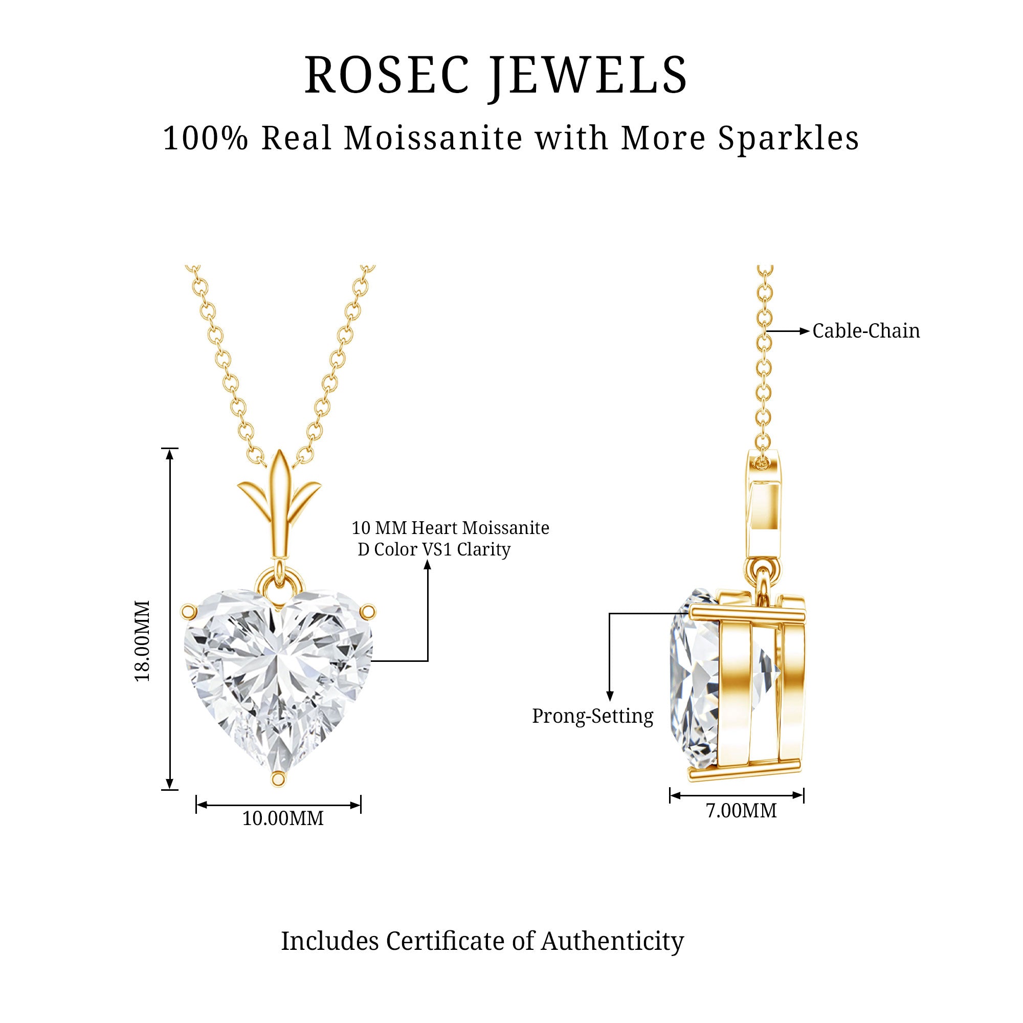 Certified 3.4 Carat Moissanite Heart Necklace for Women D-VS1 14K Yellow Gold Plated Silver - Rosec Jewels