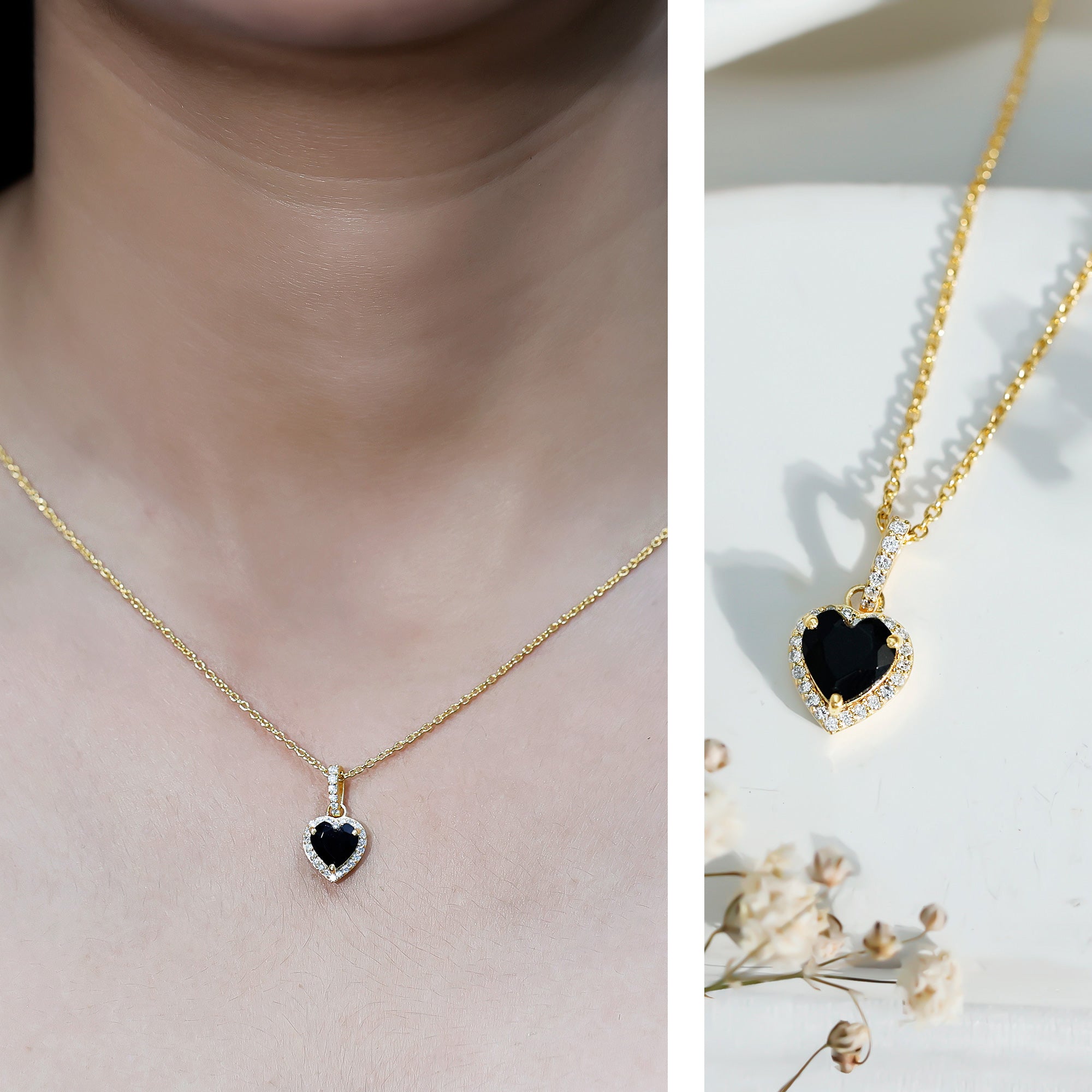 1.8 Carat Lab Created Black and White Diamond Heart Locket with Chain AAAA ( Synthetic ) 14K Yellow Gold Plated Silver - Rosec Jewels