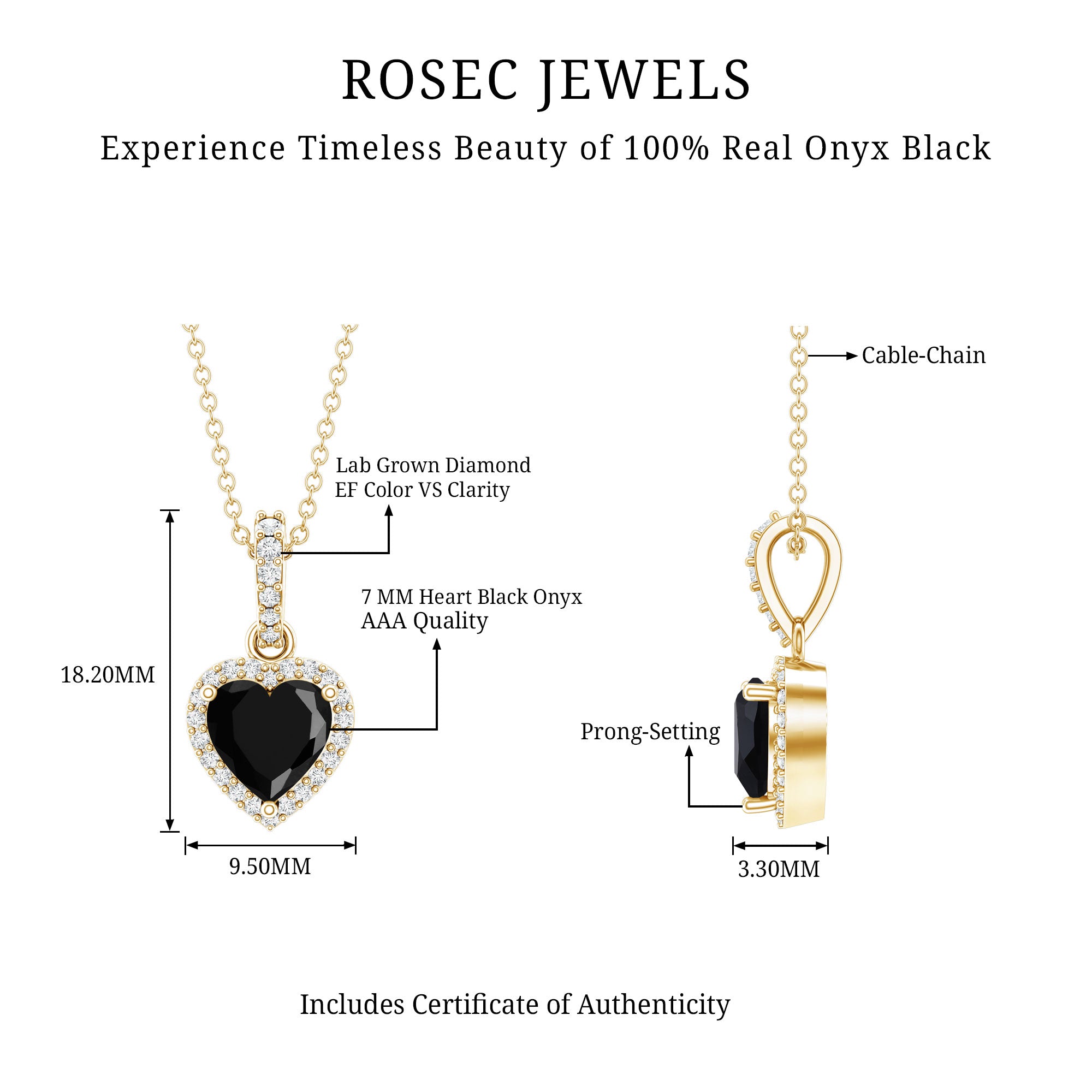 Certified 1.45 Carat Black Onyx Heart Necklace with Lab Diamond Halo AAA 14K Yellow Gold Plated Silver - Rosec Jewels