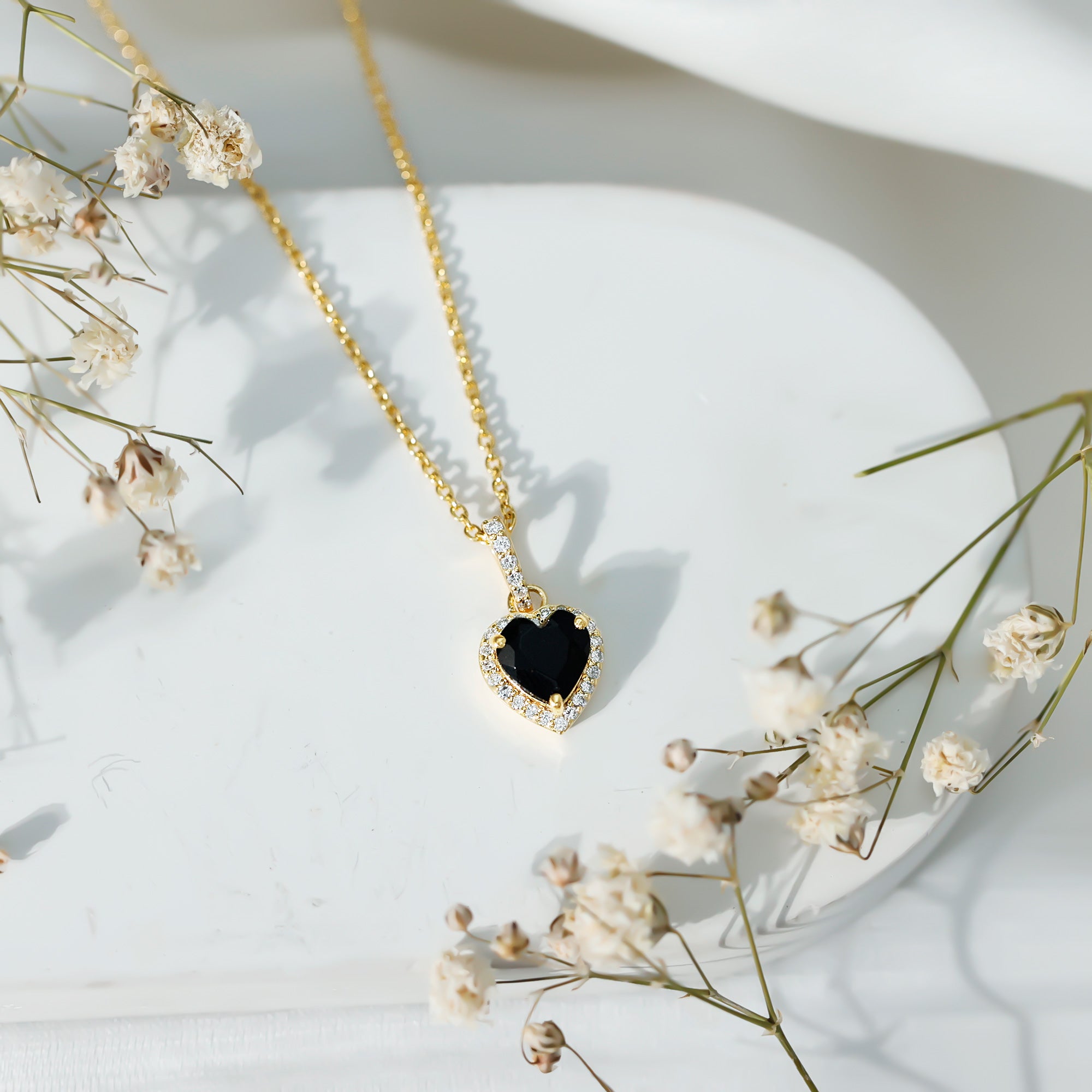 Certified 1.45 Carat Black Onyx Heart Necklace with Lab Diamond Halo AAA 14K Yellow Gold Plated Silver - Rosec Jewels