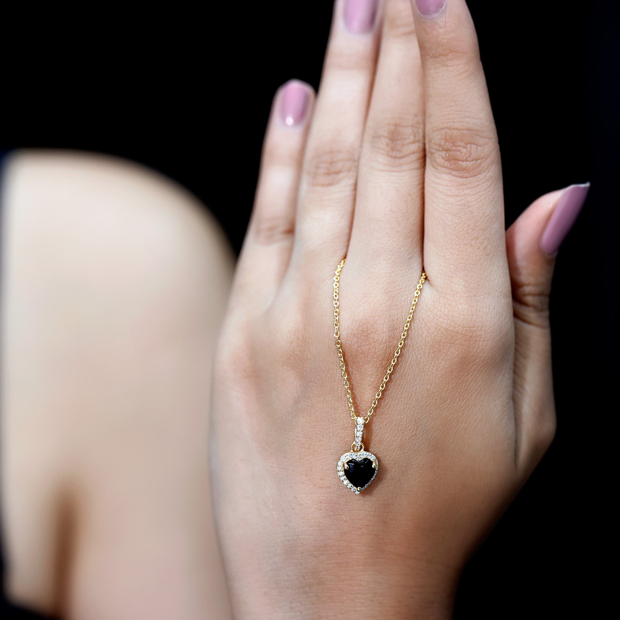 Certified 1.45 Carat Black Onyx Heart Necklace with Lab Diamond Halo AAA 14K Yellow Gold Plated Silver - Rosec Jewels