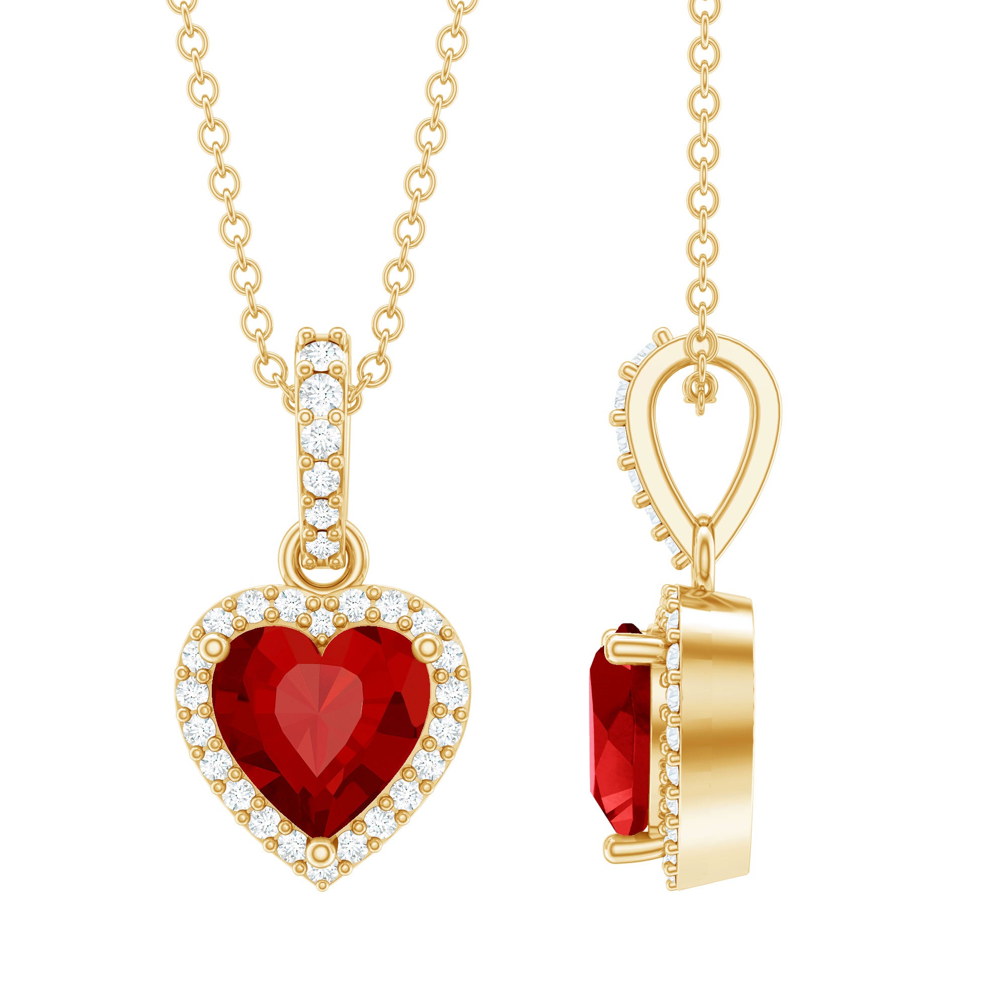 Certified 1.6 Carat Lab Created Ruby Heart Necklace with Diamond Halo AAAA 14K Yellow Gold Plated Silver - Rosec Jewels