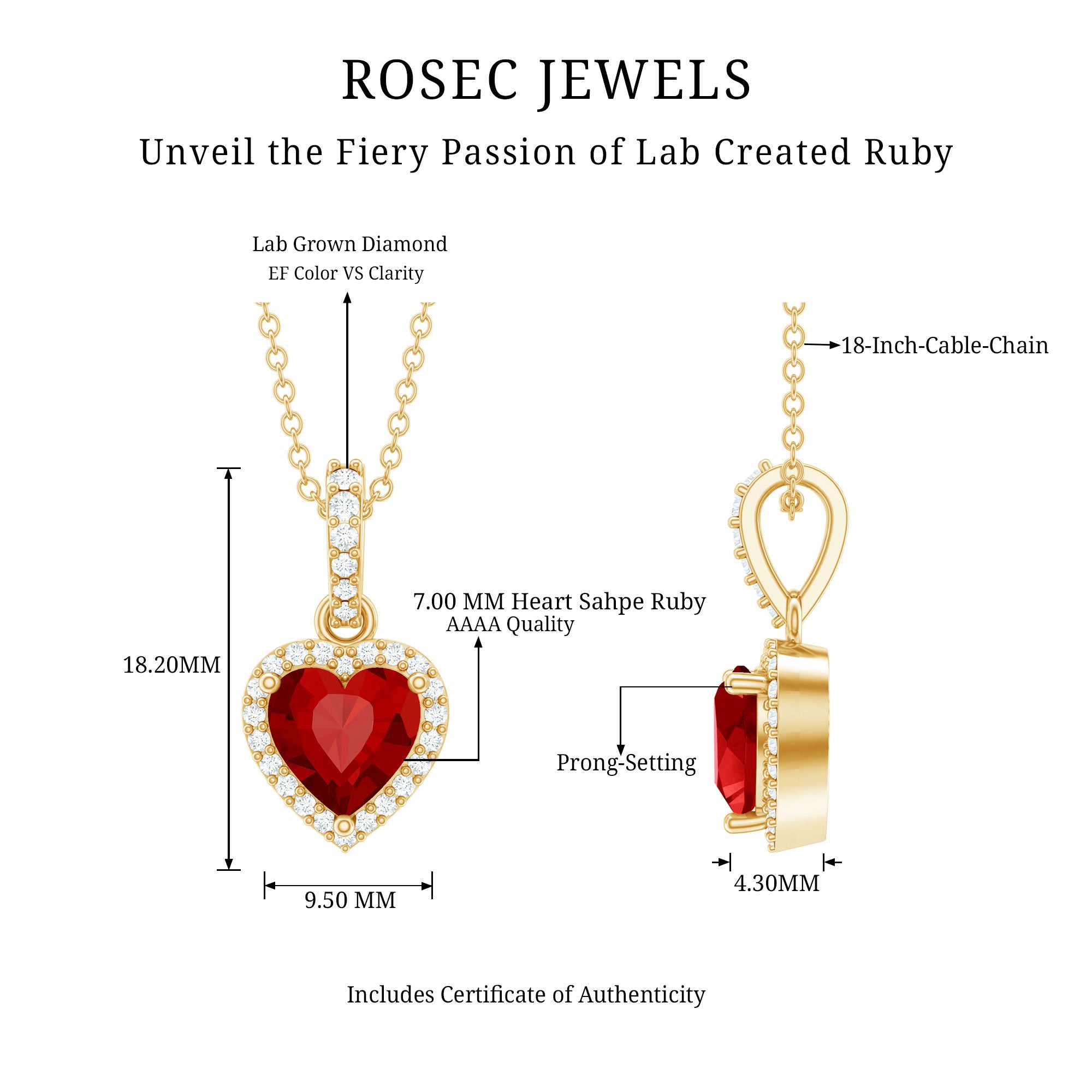 Certified 1.6 Carat Lab Created Ruby Heart Necklace with Diamond Halo AAAA 14K Yellow Gold Plated Silver - Rosec Jewels