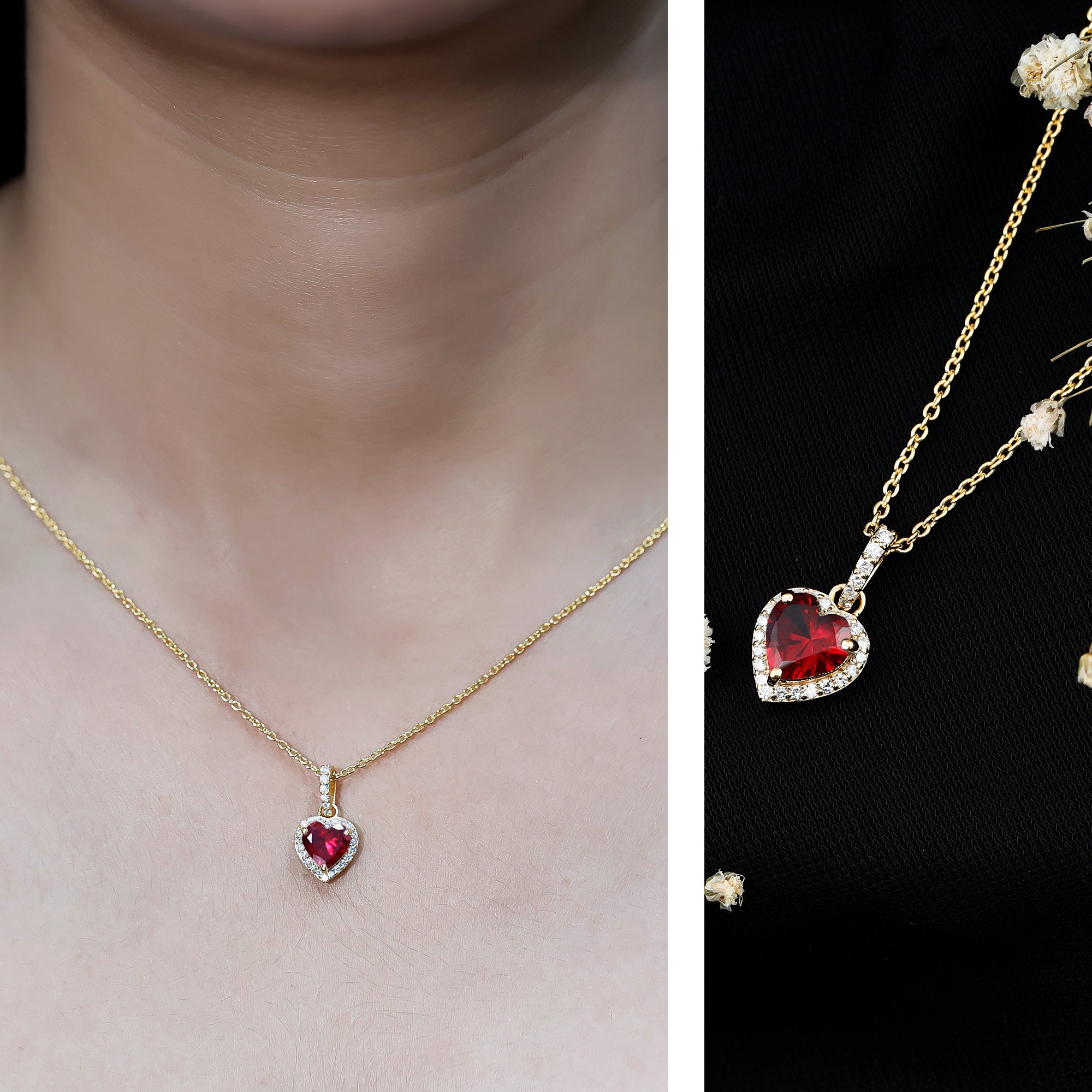 Certified 1.6 Carat Lab Created Ruby Heart Necklace with Diamond Halo AAAA 14K Yellow Gold Plated Silver - Rosec Jewels