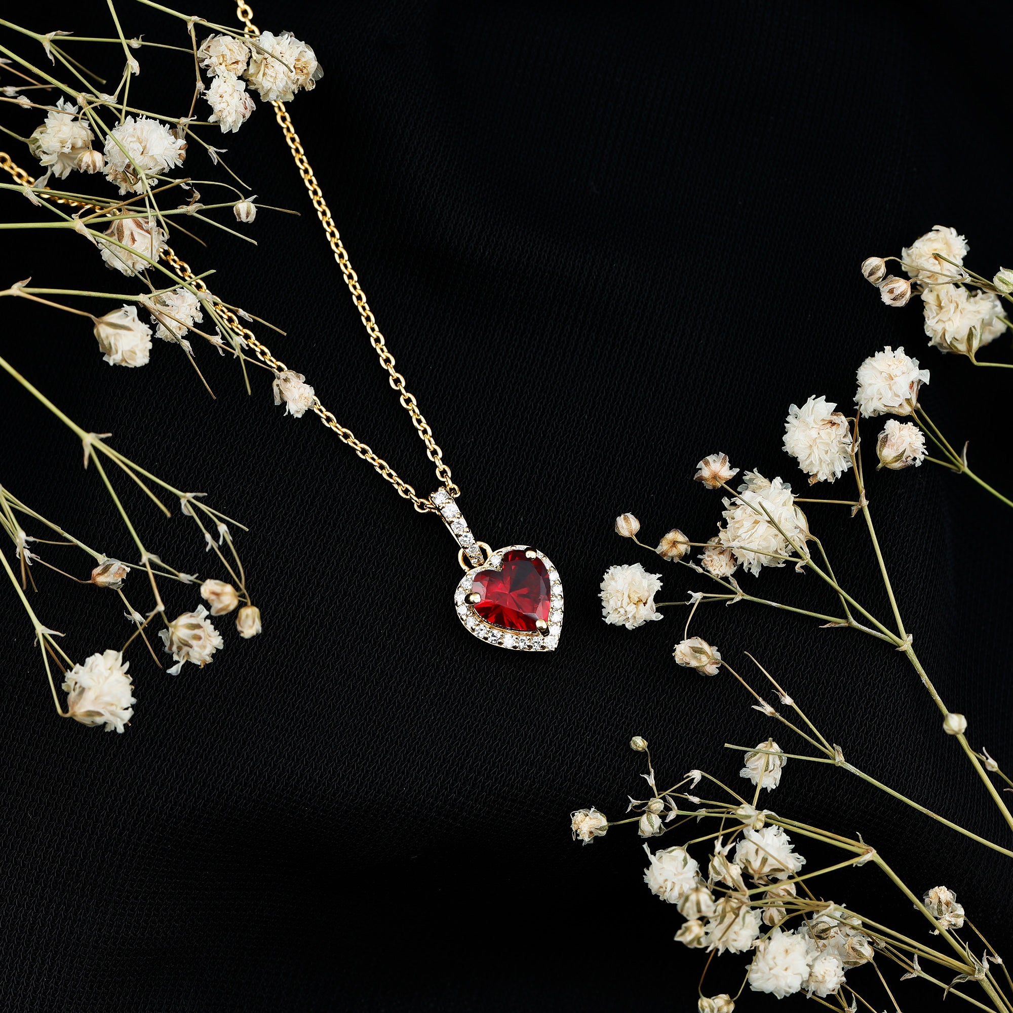 Certified 1.6 Carat Lab Created Ruby Heart Necklace with Diamond Halo AAAA 14K Yellow Gold Plated Silver - Rosec Jewels