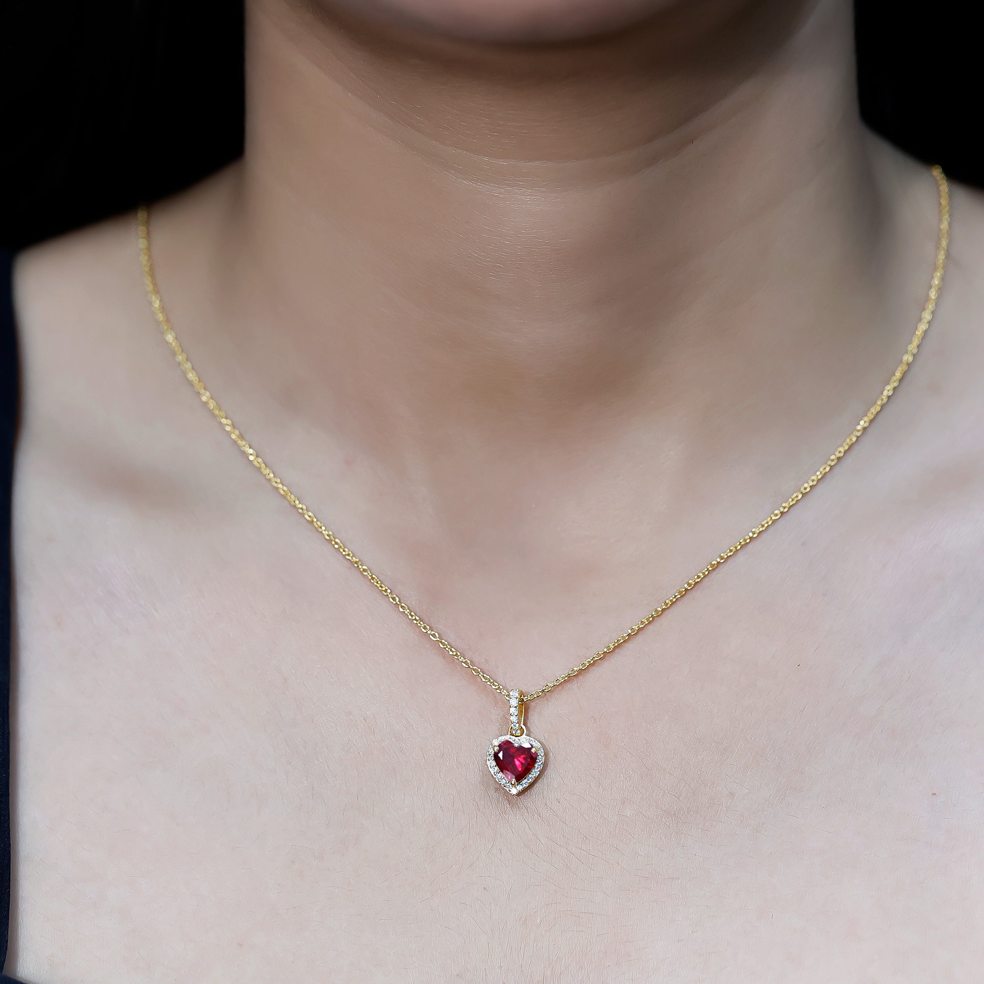 Certified 1.6 Carat Lab Created Ruby Heart Necklace with Diamond Halo AAAA 14K Yellow Gold Plated Silver - Rosec Jewels