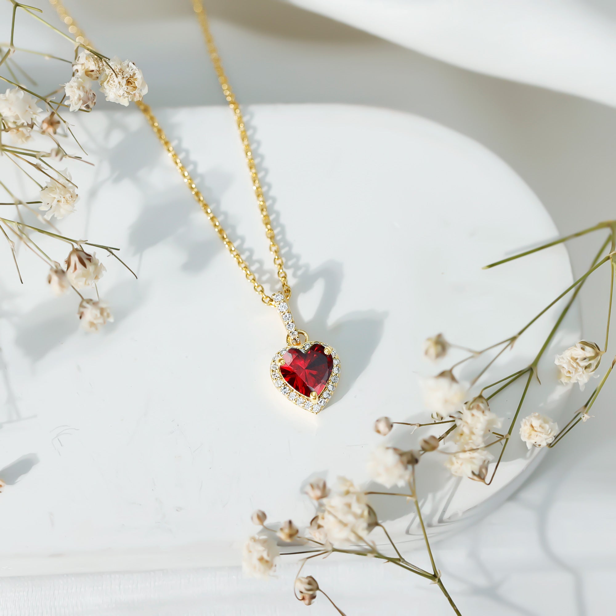 Certified 1.6 Carat Lab Created Ruby Heart Necklace with Diamond Halo AAAA 14K Yellow Gold Plated Silver - Rosec Jewels