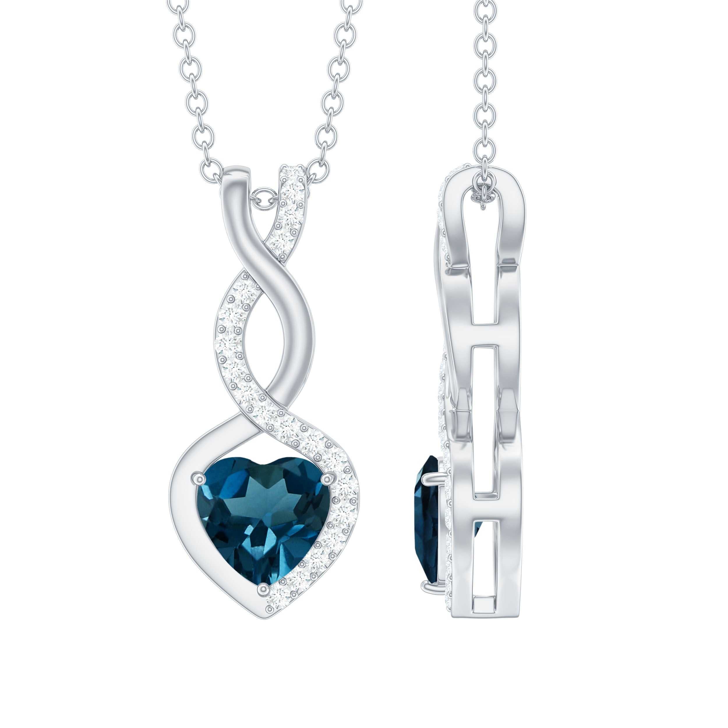 Genuine 0.98 Carat London Blue Topaz Infinity Heart Necklace with Diamond AAA 92.5 Sterling Silver - Rosec Jewels