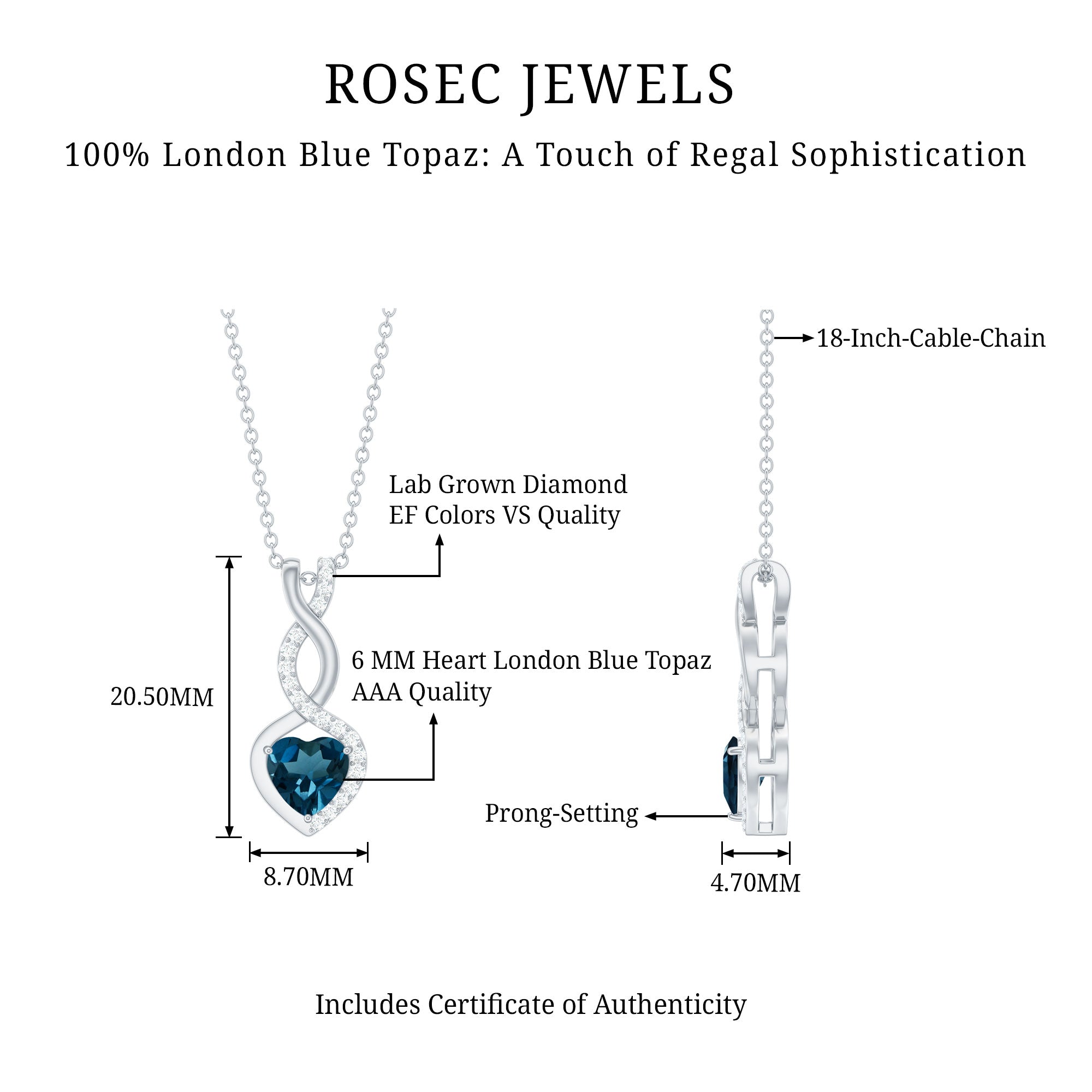 Genuine 0.98 Carat London Blue Topaz Infinity Heart Necklace with Diamond AAA 92.5 Sterling Silver - Rosec Jewels