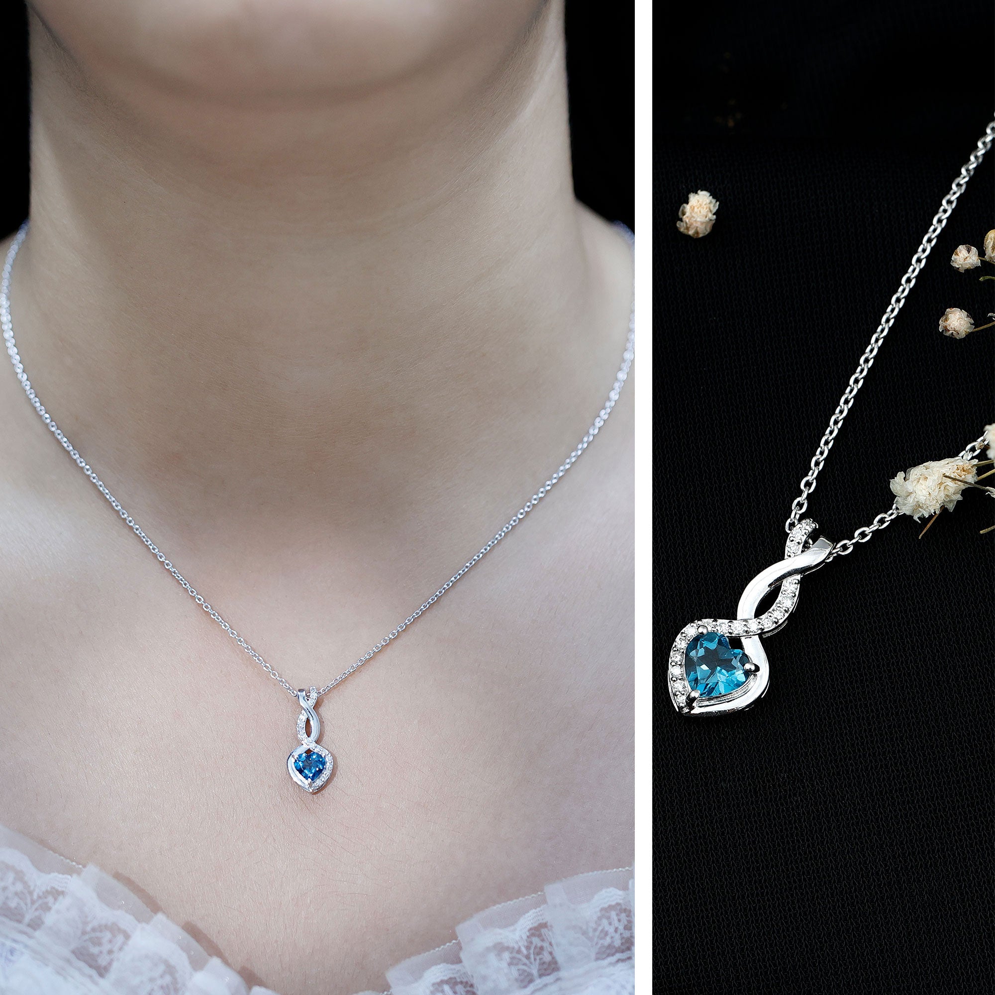 Genuine 0.98 Carat London Blue Topaz Infinity Heart Necklace with Diamond AAA 92.5 Sterling Silver - Rosec Jewels