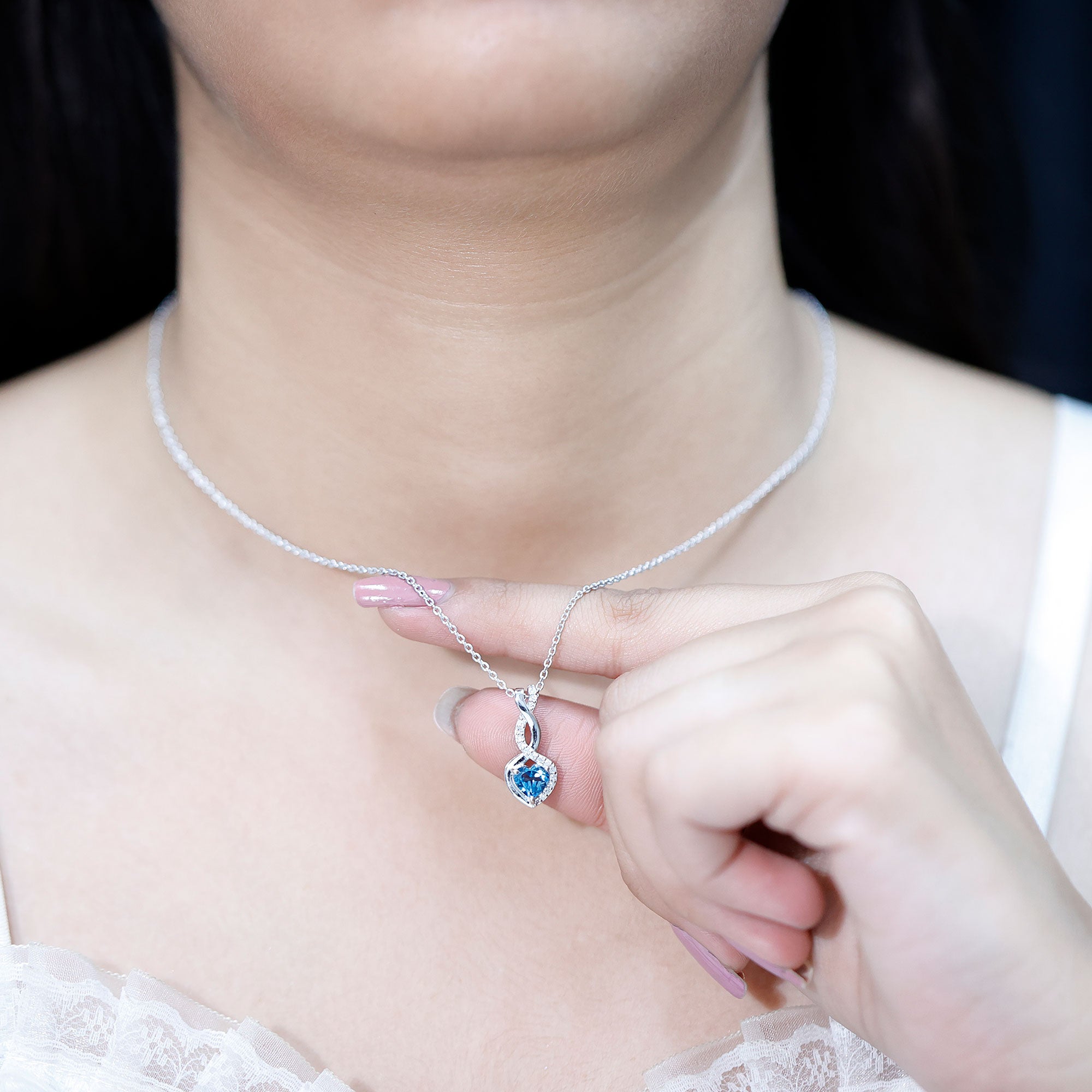 Genuine 0.98 Carat London Blue Topaz Infinity Heart Necklace with Diamond AAA 92.5 Sterling Silver - Rosec Jewels