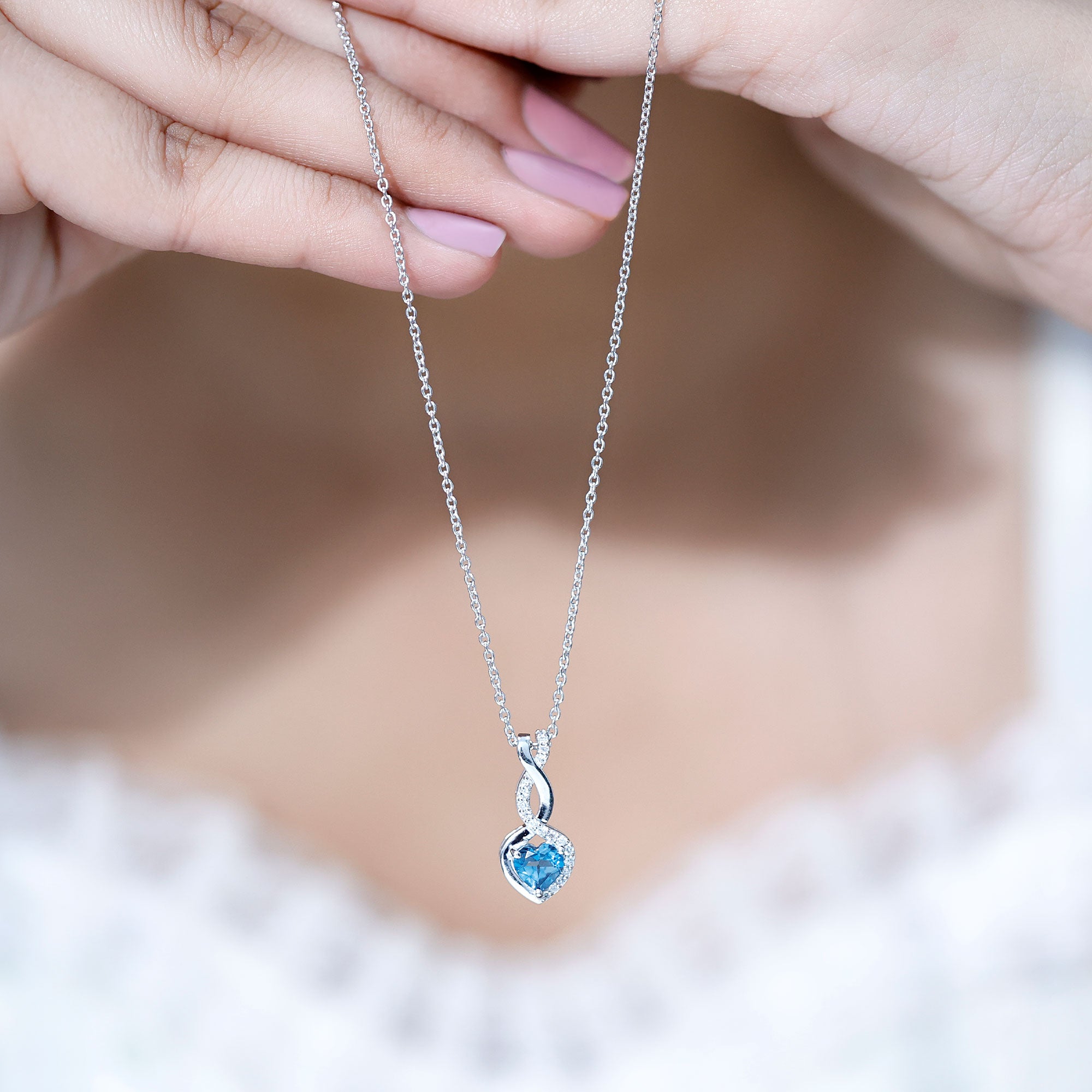 Genuine 0.98 Carat London Blue Topaz Infinity Heart Necklace with Diamond AAA 92.5 Sterling Silver - Rosec Jewels