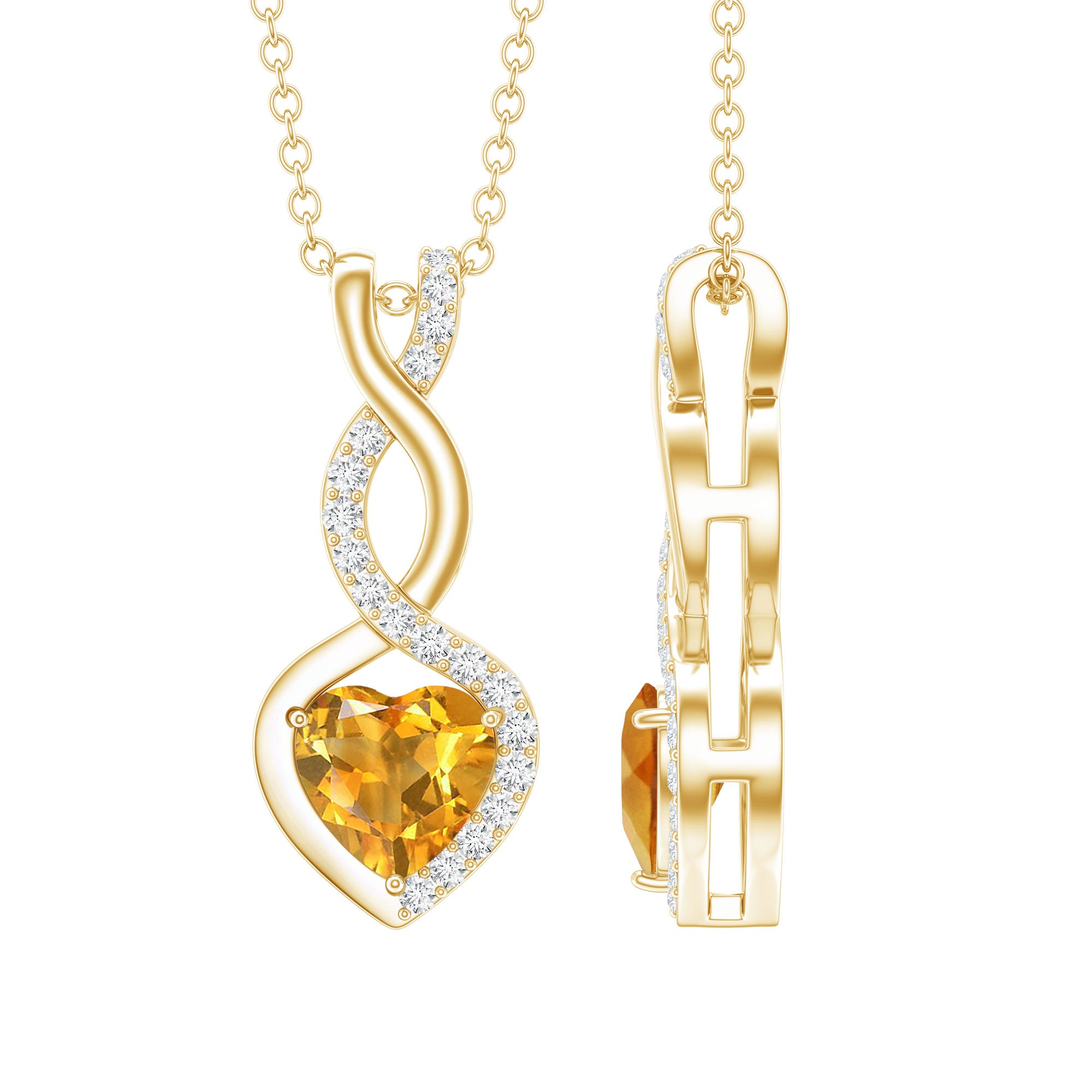 Certified 1 Carat Citrine Diamond Infinity Heart Necklace with Silver Chain AAA 14K Yellow Gold Plated Silver - Rosec Jewels