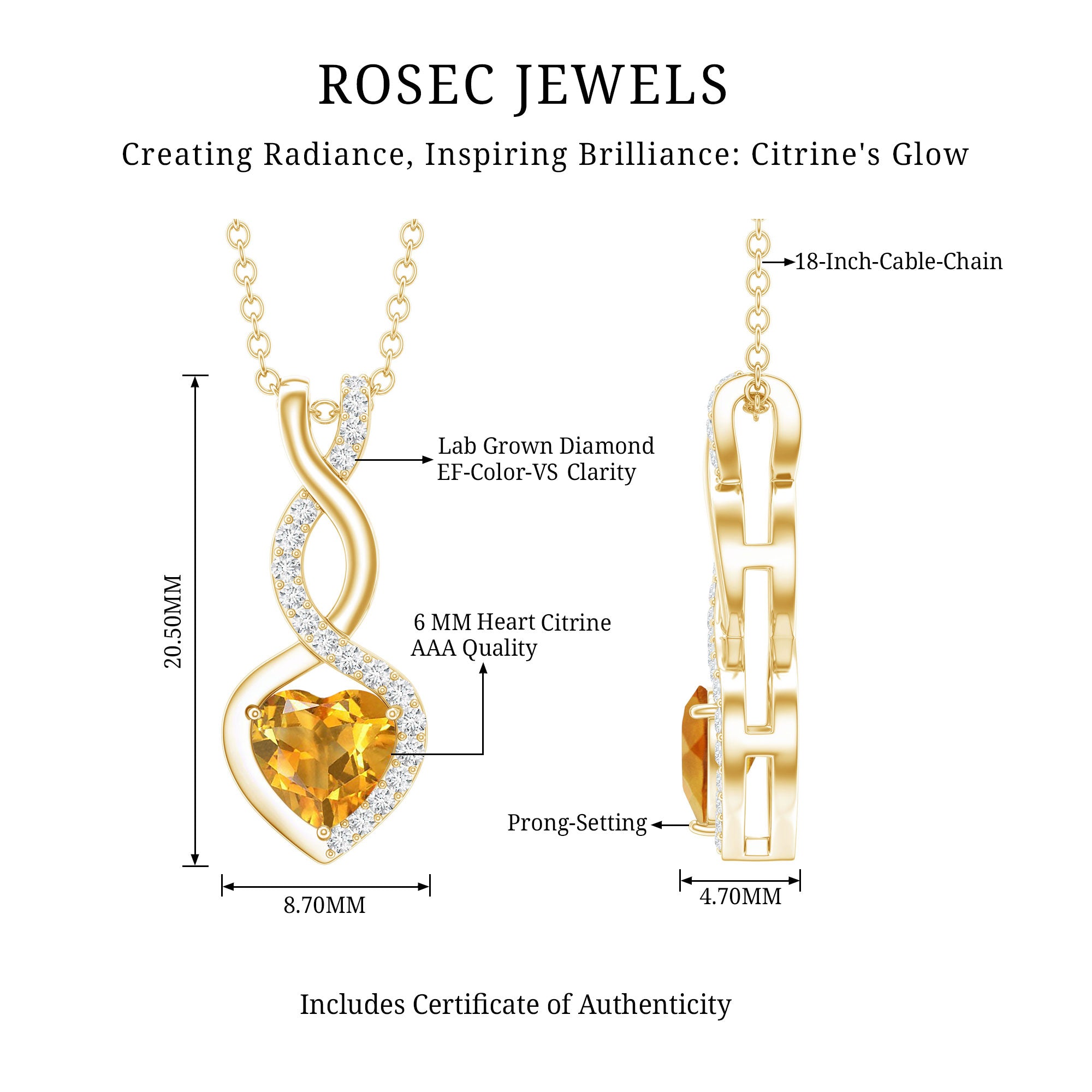 Certified 1 Carat Citrine Diamond Infinity Heart Necklace with Silver Chain AAA 14K Yellow Gold Plated Silver - Rosec Jewels