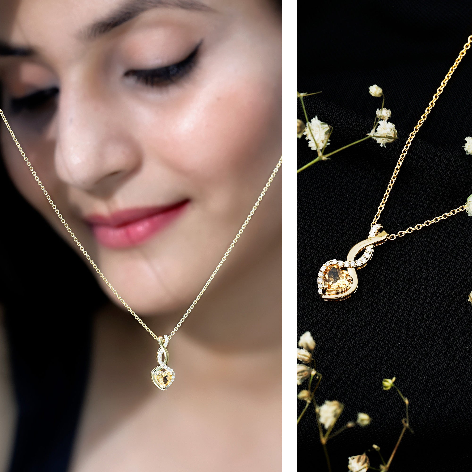 Certified 1 Carat Citrine Diamond Infinity Heart Necklace with Silver Chain AAA 14K Yellow Gold Plated Silver - Rosec Jewels
