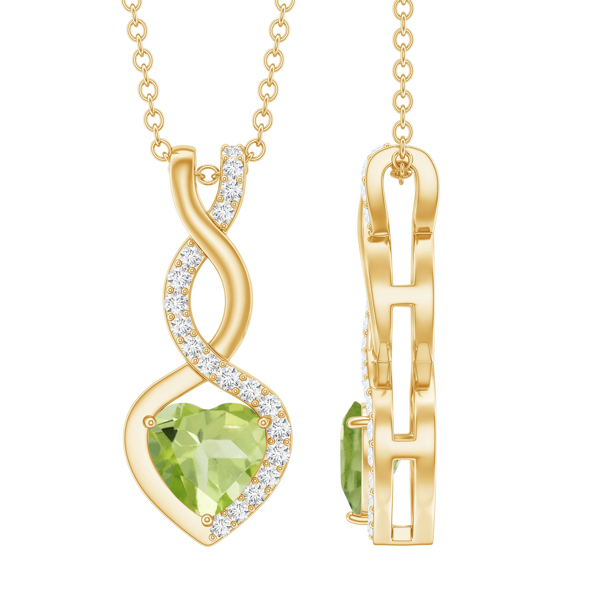 Natural Peridot Heart and Infinity Necklace With Diamond AAA 14K Yellow Gold Plated Silver - Rosec Jewels