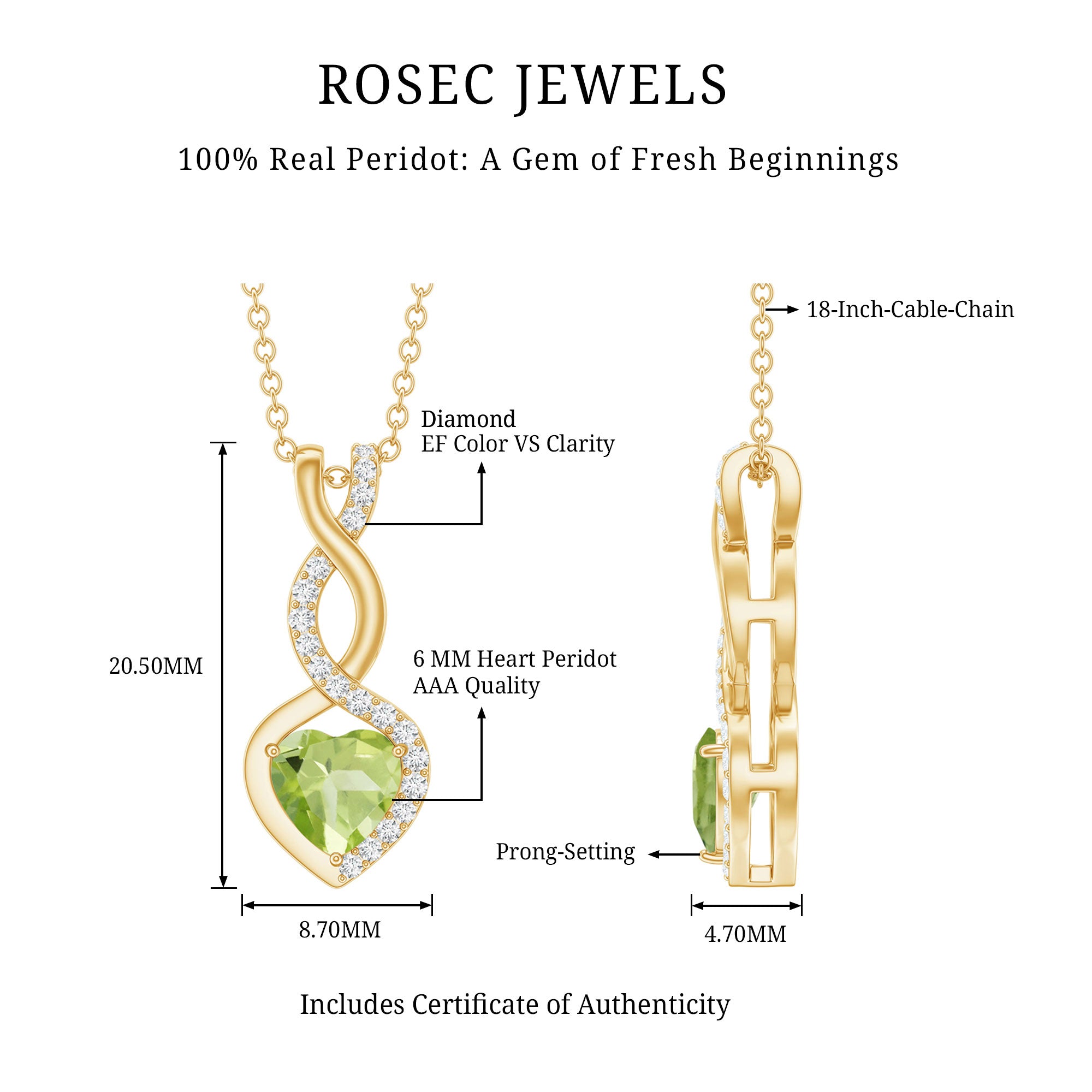 Natural Peridot Heart and Infinity Necklace With Diamond AAA 14K Yellow Gold Plated Silver - Rosec Jewels