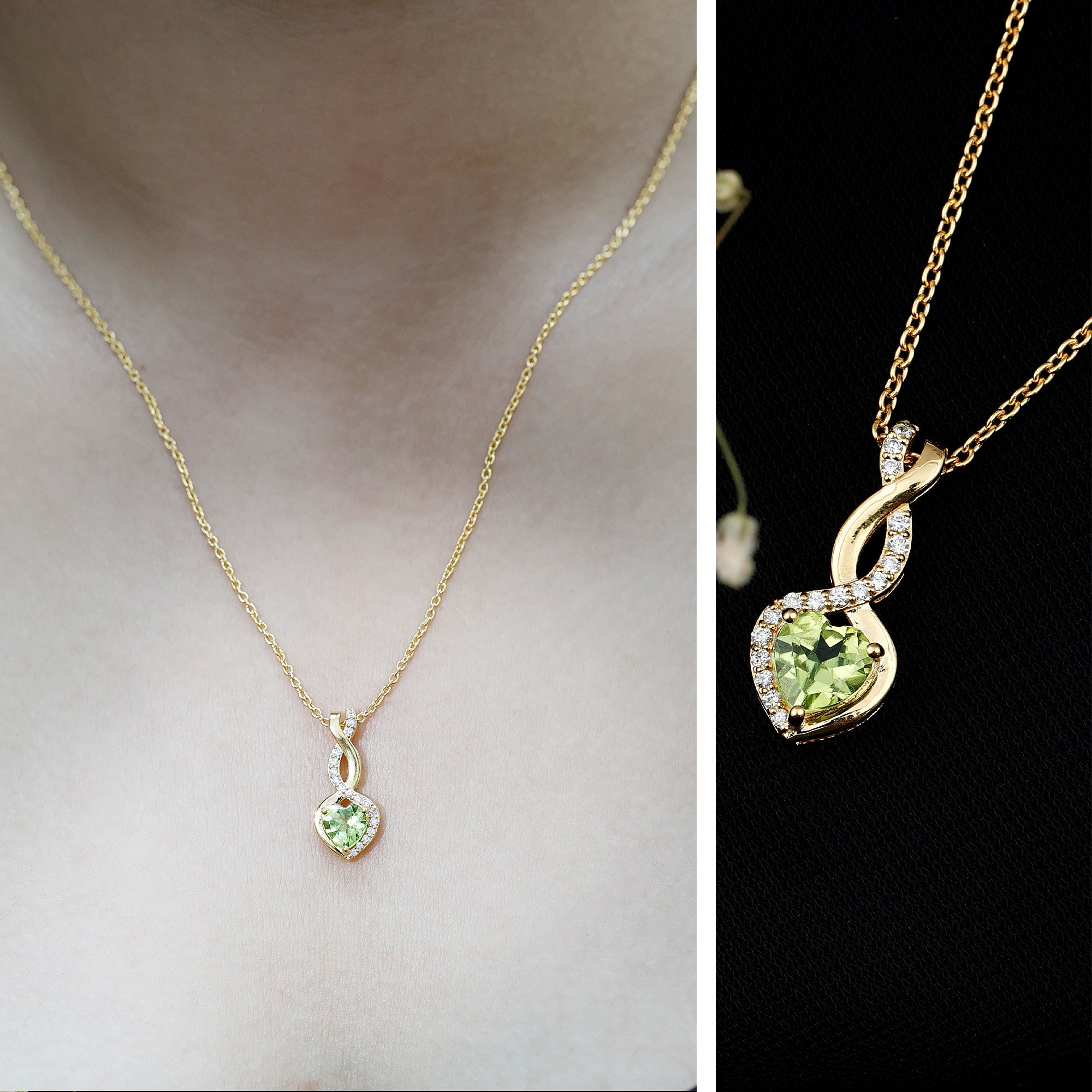 Natural Peridot Heart and Infinity Necklace With Diamond AAA 14K Yellow Gold Plated Silver - Rosec Jewels