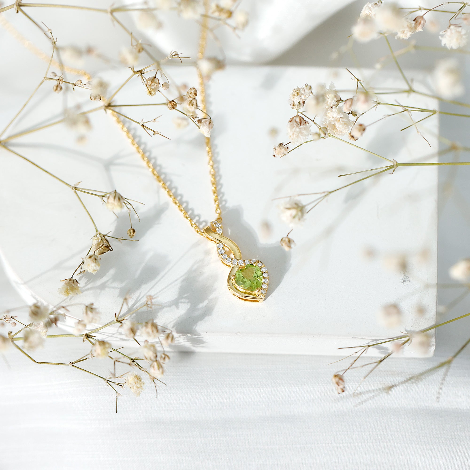 Natural Peridot Heart and Infinity Necklace With Diamond AAA 14K Yellow Gold Plated Silver - Rosec Jewels