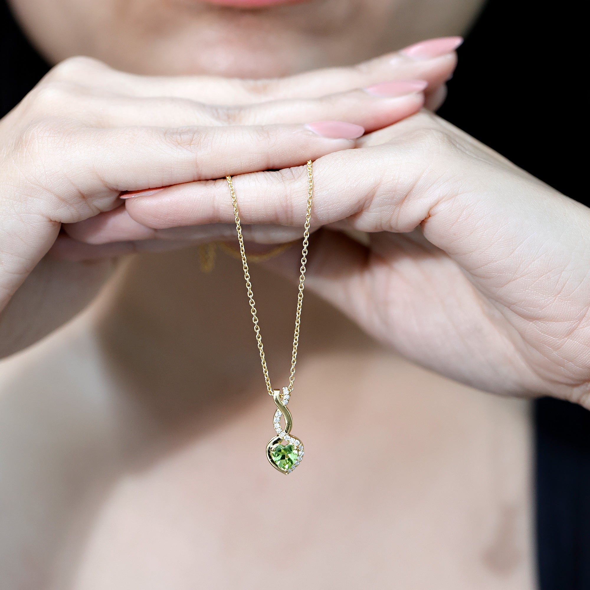 Natural Peridot Heart and Infinity Necklace With Diamond AAA 14K Yellow Gold Plated Silver - Rosec Jewels