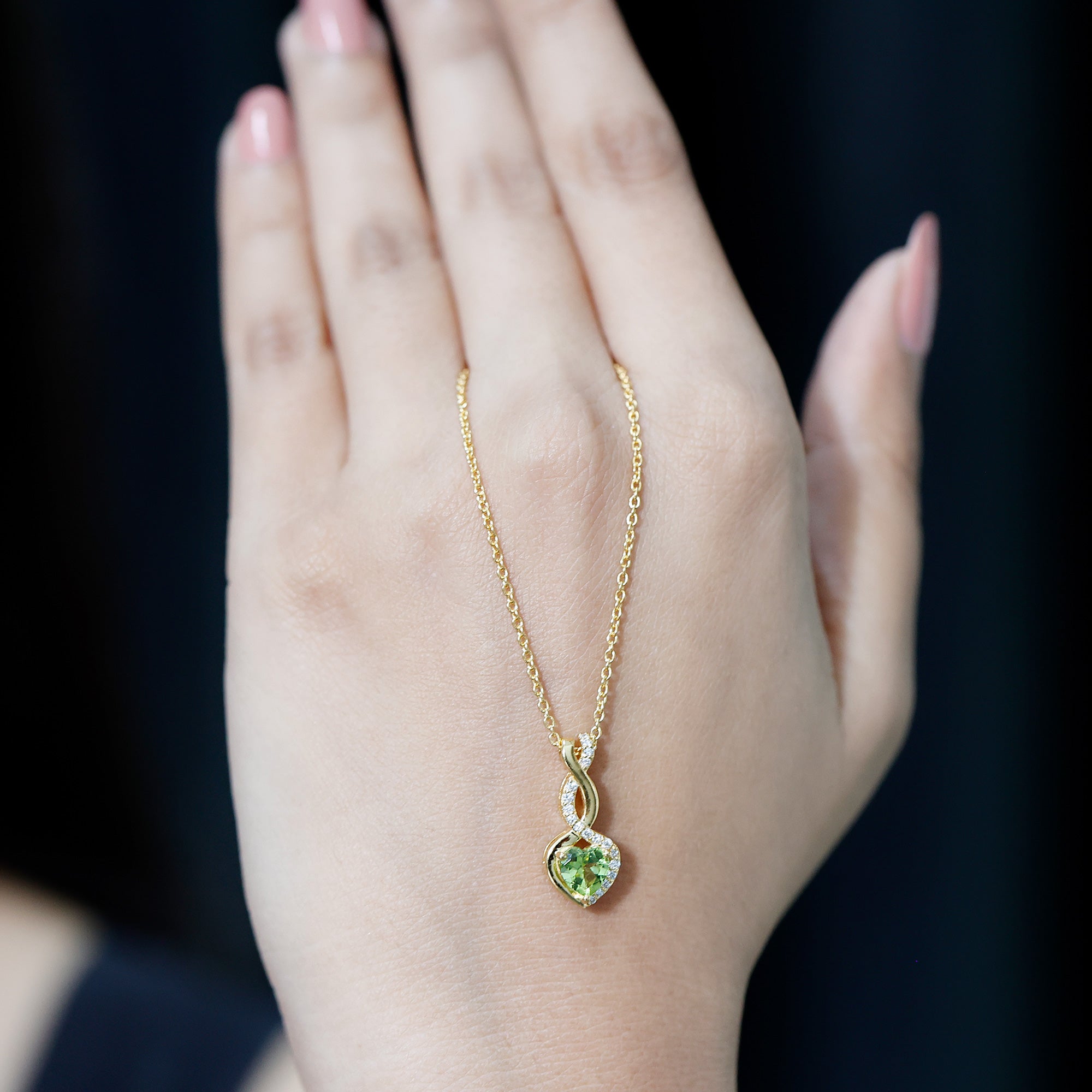 Natural Peridot Heart and Infinity Necklace With Diamond AAA 14K Yellow Gold Plated Silver - Rosec Jewels