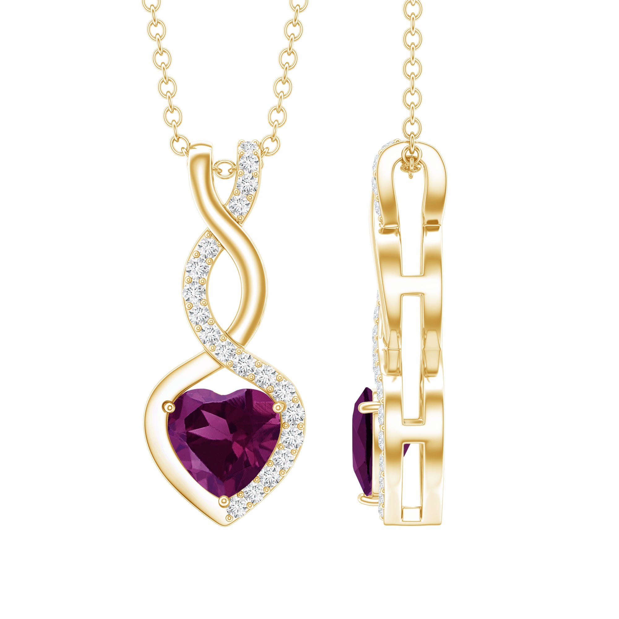 Certified 1 Carat Rhodolite Diamond Heart and Infinity Necklace AAA 14K Yellow Gold Plated Silver - Rosec Jewels