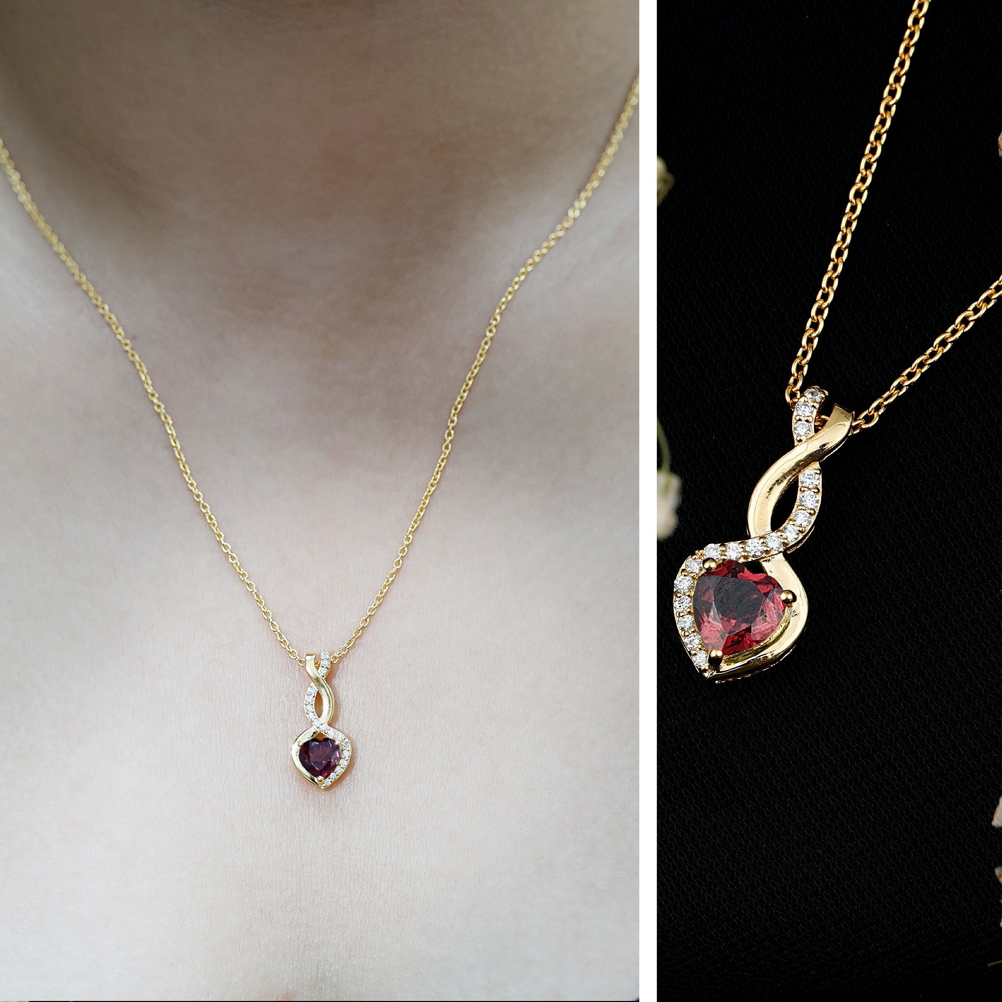Certified 1 Carat Rhodolite Diamond Heart and Infinity Necklace AAA 14K Yellow Gold Plated Silver - Rosec Jewels
